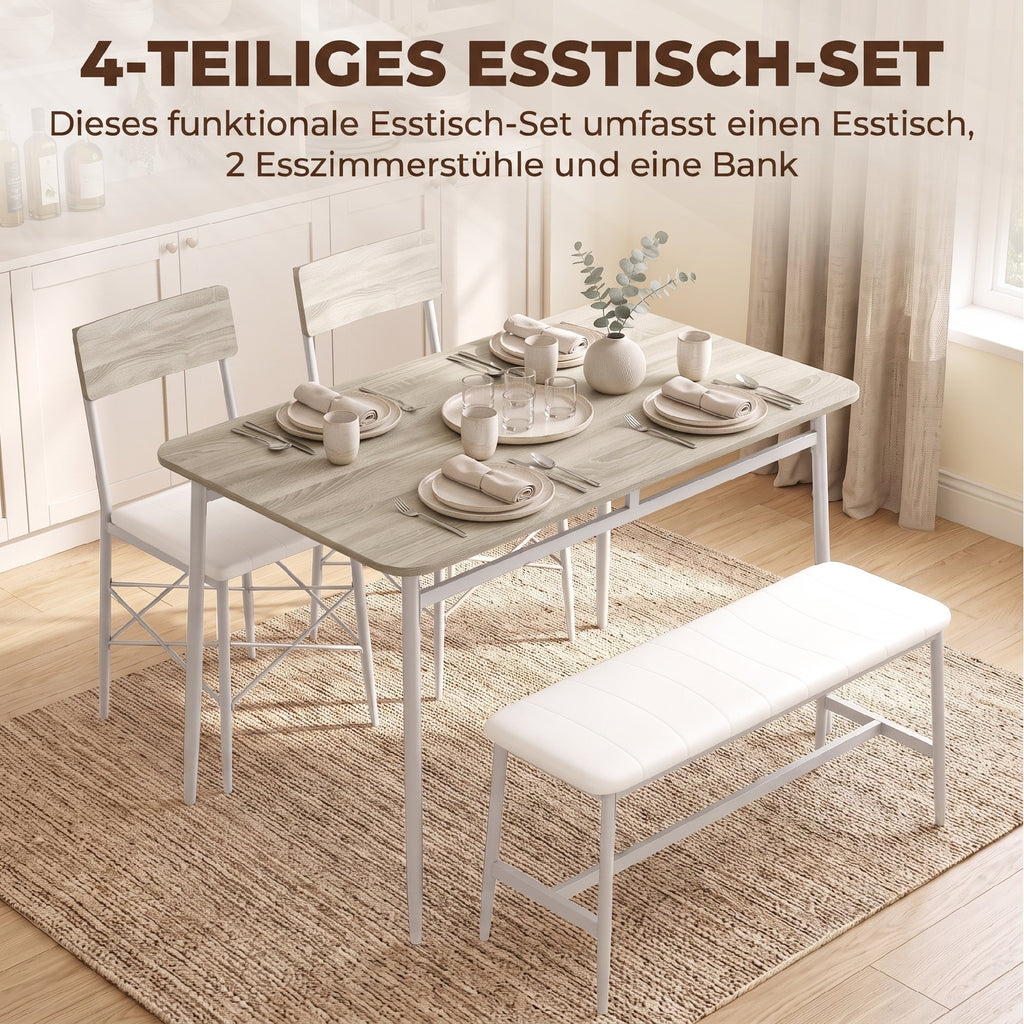 Ensemble Table Salle à Manger avec 2 Chaises et Banc, Assises Rembourrées, pour Salon, Petit Espace, Chêne et Blanc-3