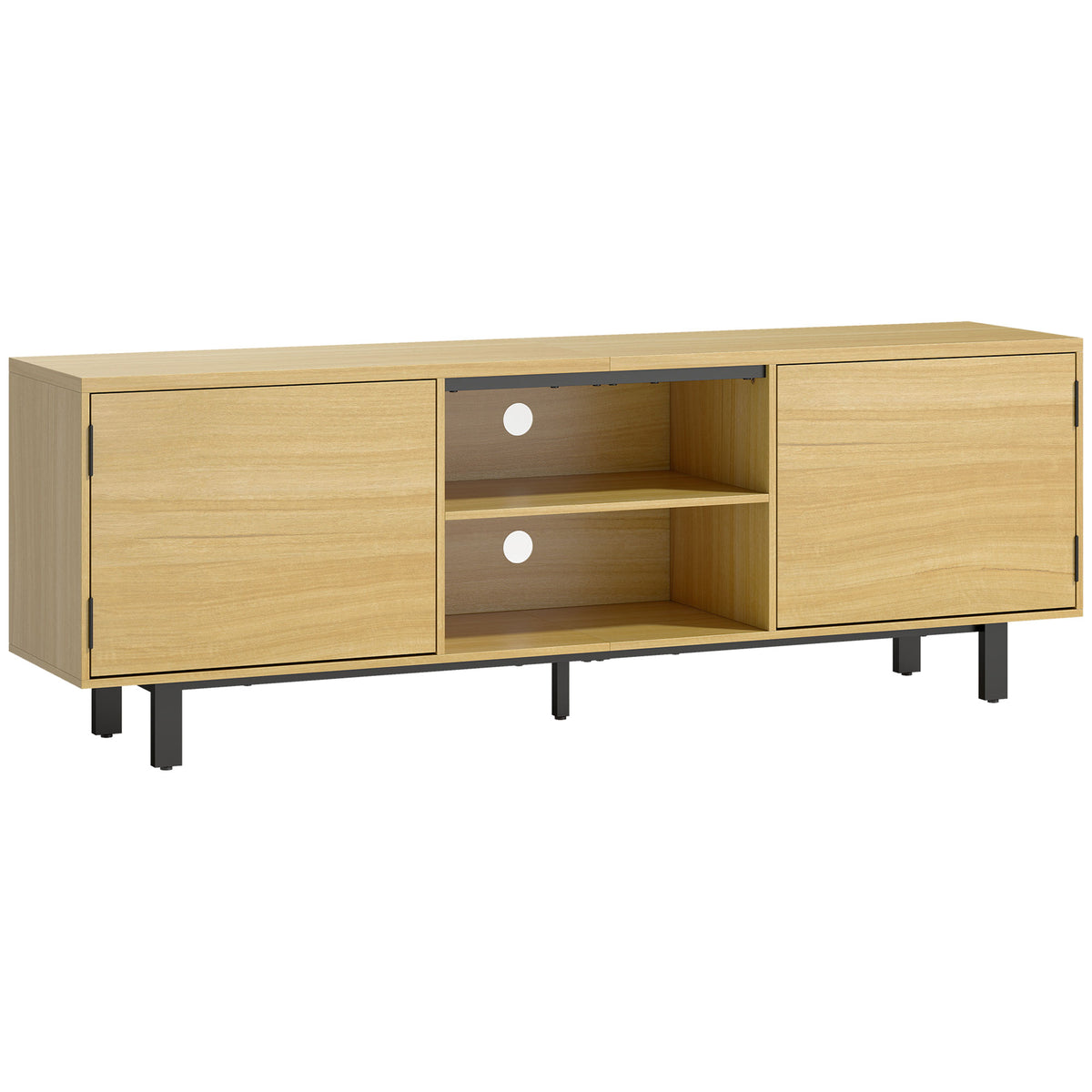 Meuble TV, meuble télé jusqu'à 65 pouces, 2 portes à ouverture par pression et 2 étagères, 160x35x55,5cm, bois naturel-0