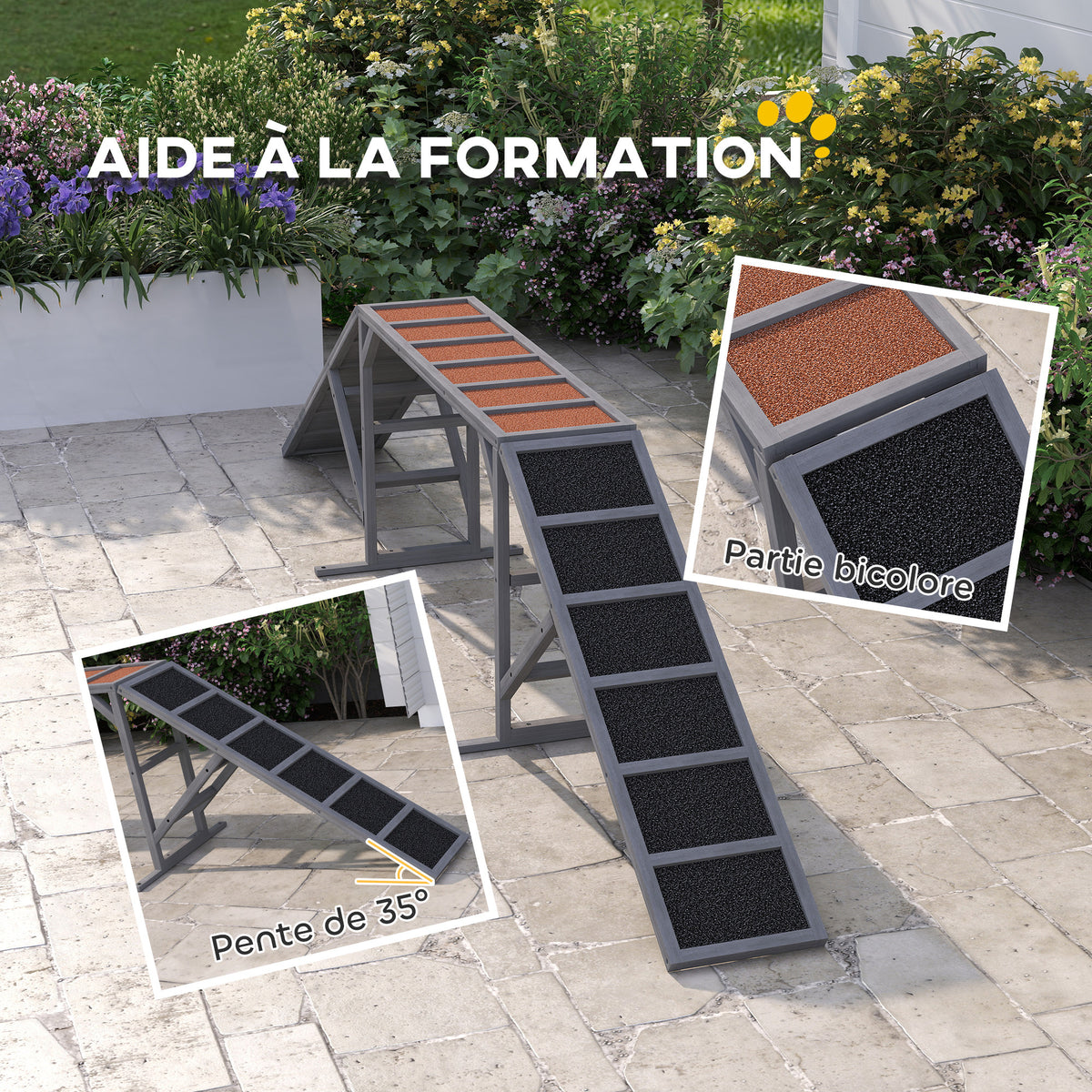 Rampe d'agilité pour chien, équipement d'agilité pour chiens, barres de sécurité surface antidérapante 335x55x60cm gris-4