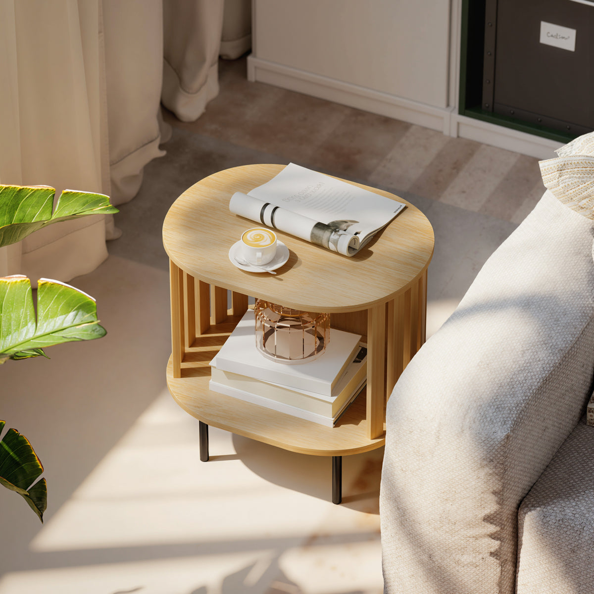 Table d'appoint ovale bout de canapé rangement ouvert pieds en acier design à lattes 50x39x50cm effet bois naturel-1