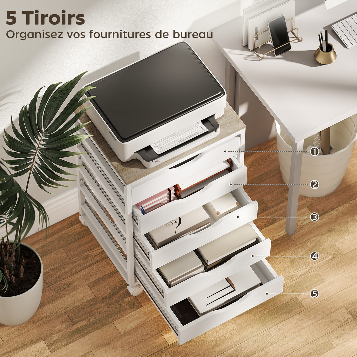 Caisson bureau mobile, meuble rangement sur roulettes bois avec 5 tiroirs, poignées encochées, 50 x 40 x 74,5 cm , blanc-3