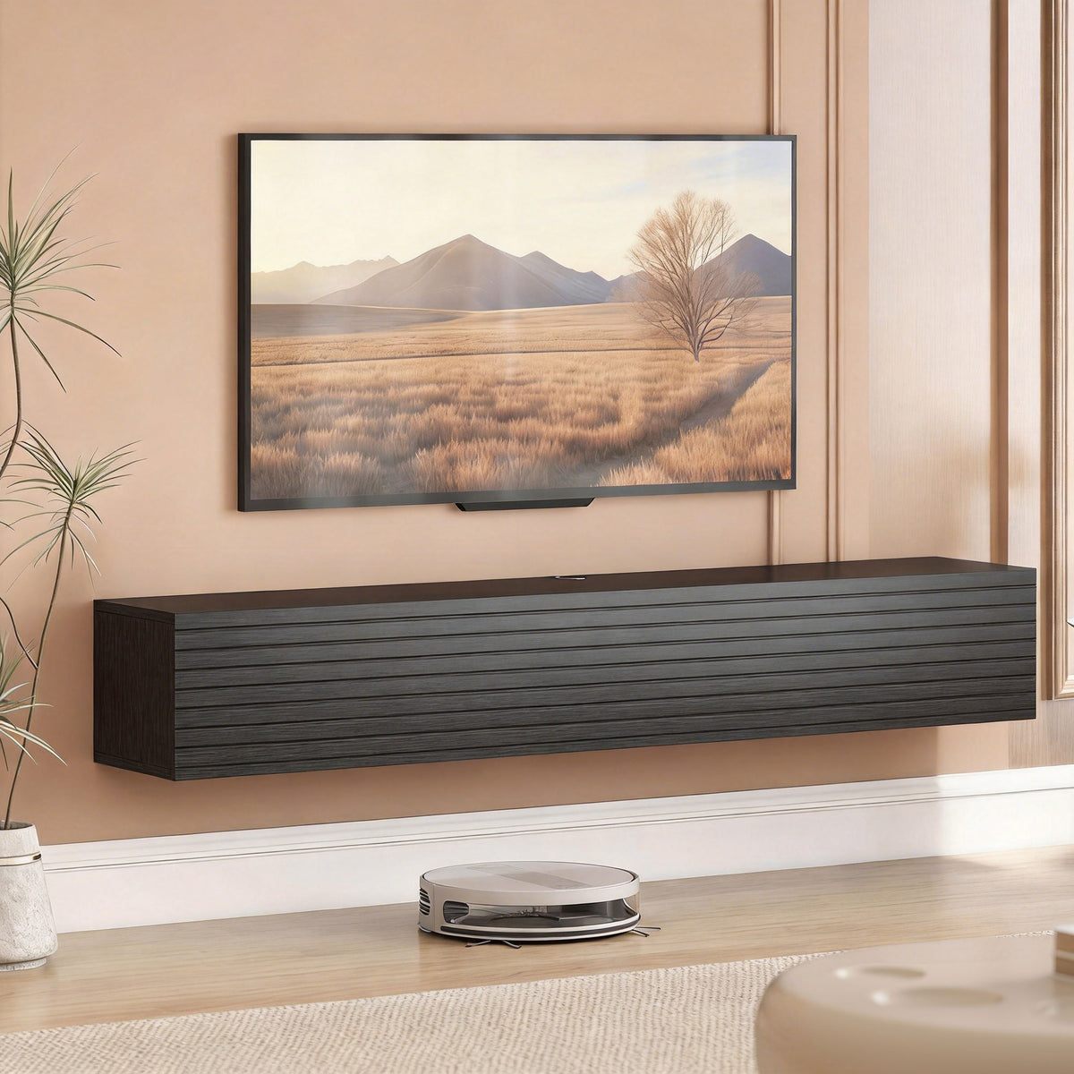 Meuble TV suspendu 140cm, meuble télé pour téléviseur 72 pouces, 2 portes rabattables, 140x25x22cm, noir-1