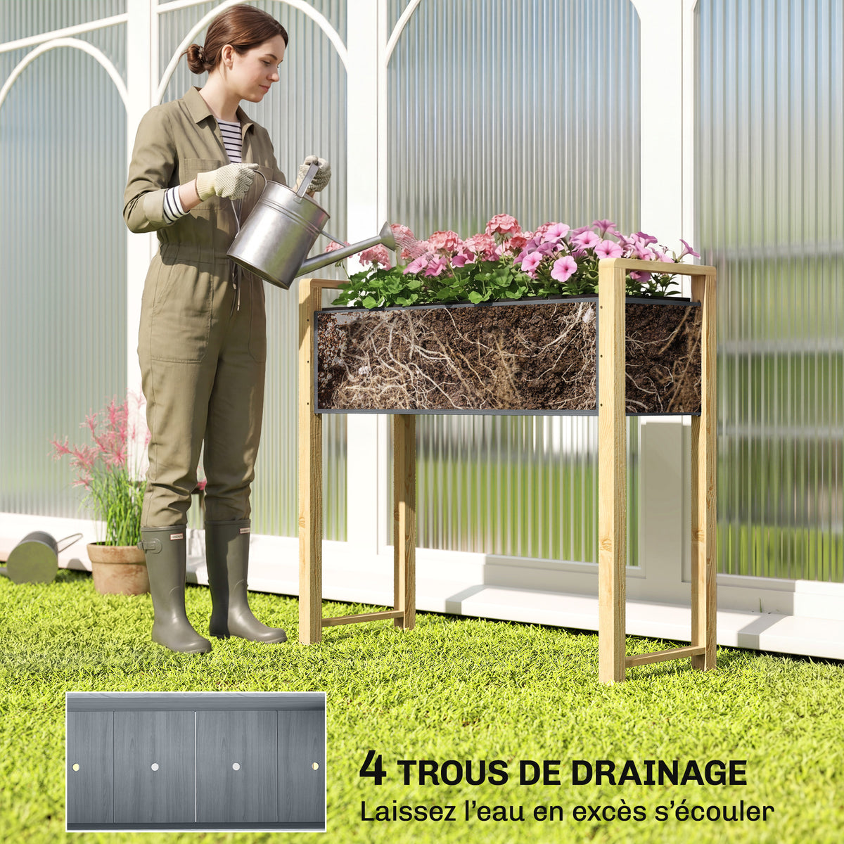 Carré Potager avec pieds Lit de Jardin Surélevé 4 trous de drainage et Tissu non tissé,  98 x 37 x 90 cm, gris-4