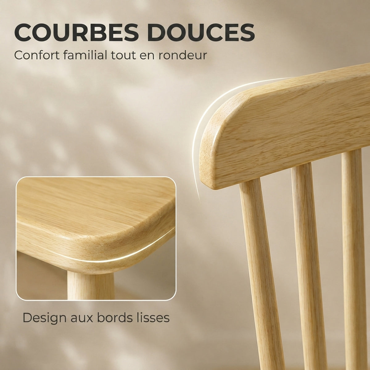 Lot de 2 Chaises de Salle à Manger, Chaises Cuisine en Bois d'Hévéa, Dossier Incurvé, Bords Arrondis, Bois Naturel-4
