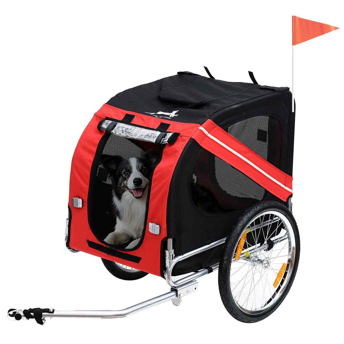 Remorque vélo pour Chien Animaux 8 réflecteurs Drapeau Barre attelage Inclus Acier Polyester imperméable Max. 30 Kg 130L x 73l x 90H cm Rouge-0
