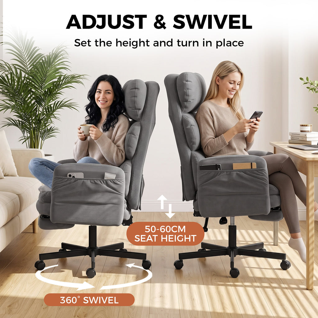 Chaise Bureau Ergonomique, Accoudoirs Rabattables, Appui-tête Réglable, Fauteuil Bureau Inclinable Velours Côtelé, Gris-7