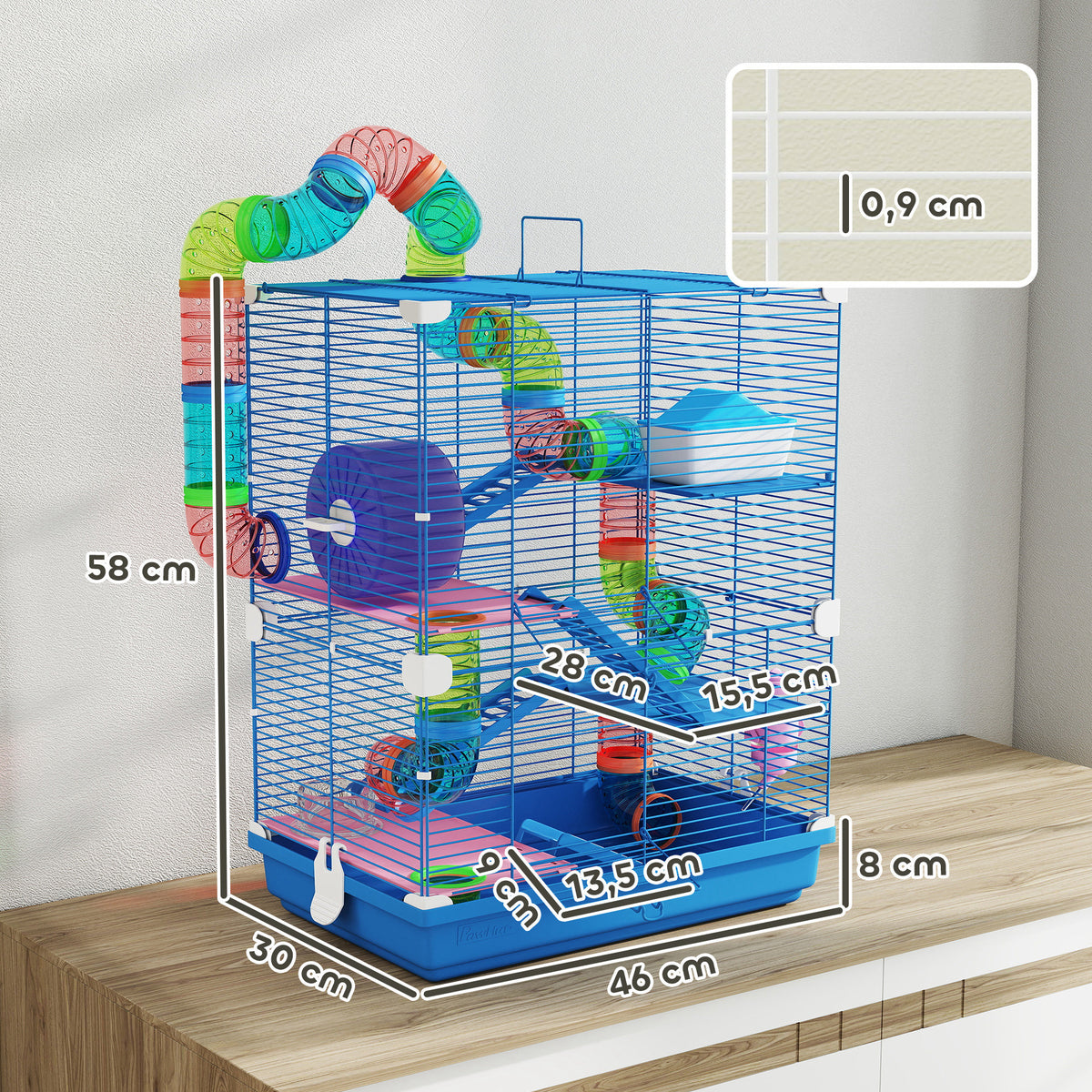 Cage pour hamster rongeur 4 étages avec tunnels mangeoire roue maison échelles 46 x 30 x 58 cm bleu-2