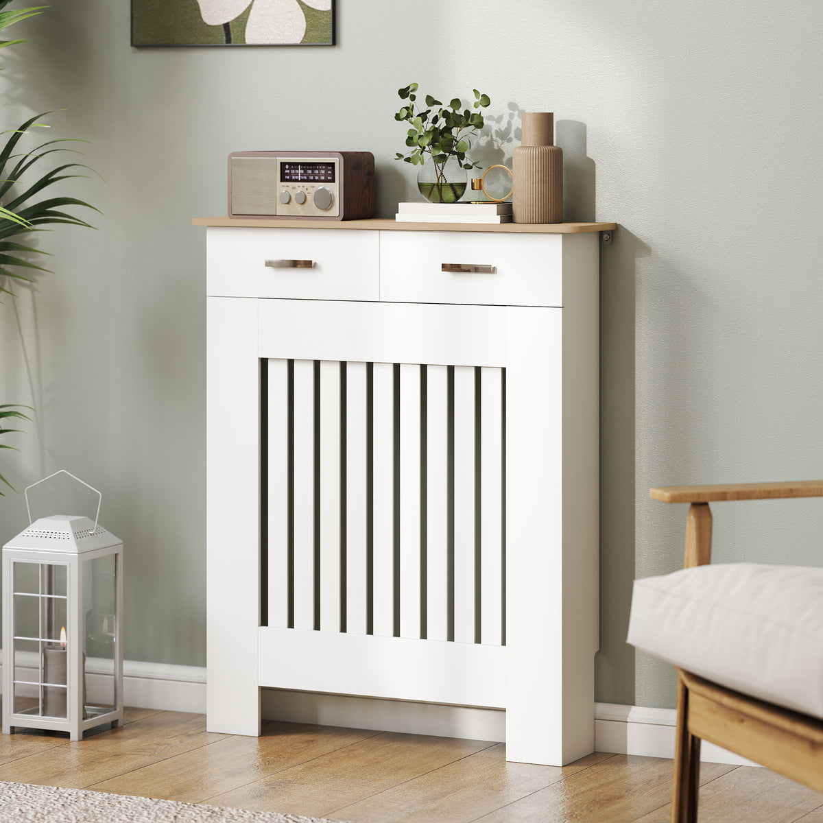 Cache-radiateur avec tiroir de rangement, meuble cache-radiateur en bois à lattes verticales, 78 x 19 x 97 cm, blanc-7