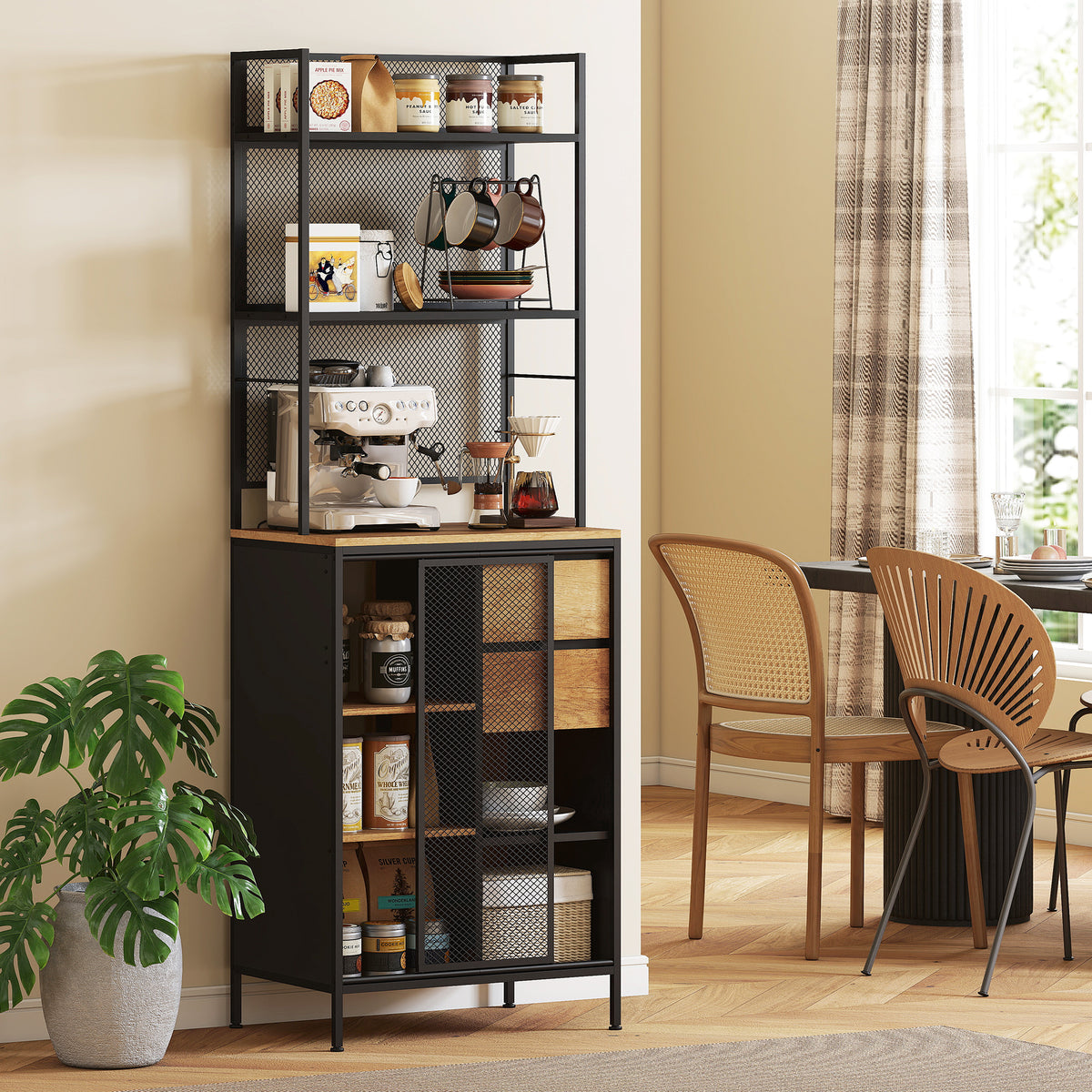 Buffet, armoire de cuisine, plan de travail, porte coulissante, tiroirs et étagères ouvertes, 60x40x180cm, bois naturel-1