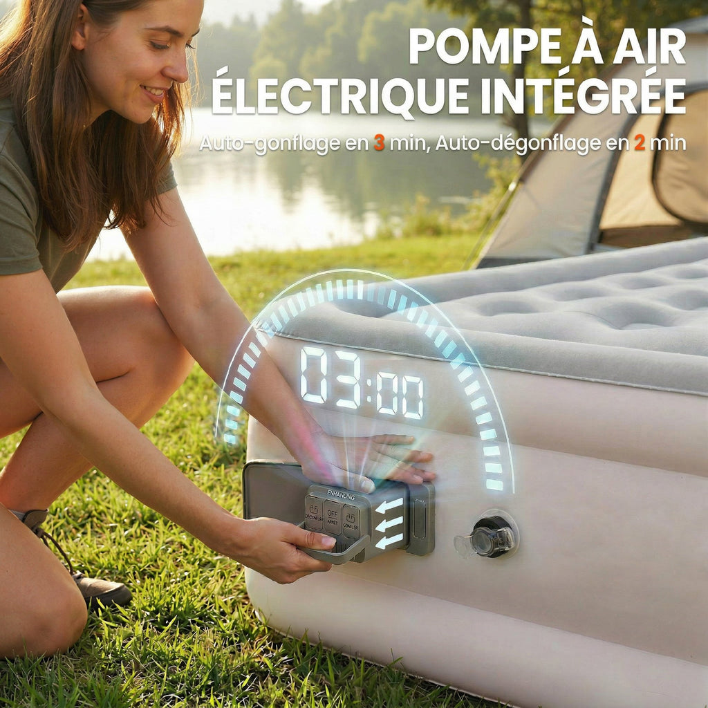 Matelas Gonflable, Pompe Électrique Intégrée, Surface Floqué , Imperméable 5000 mm, Sac Transport, 190x97x39cm, Kaki-3