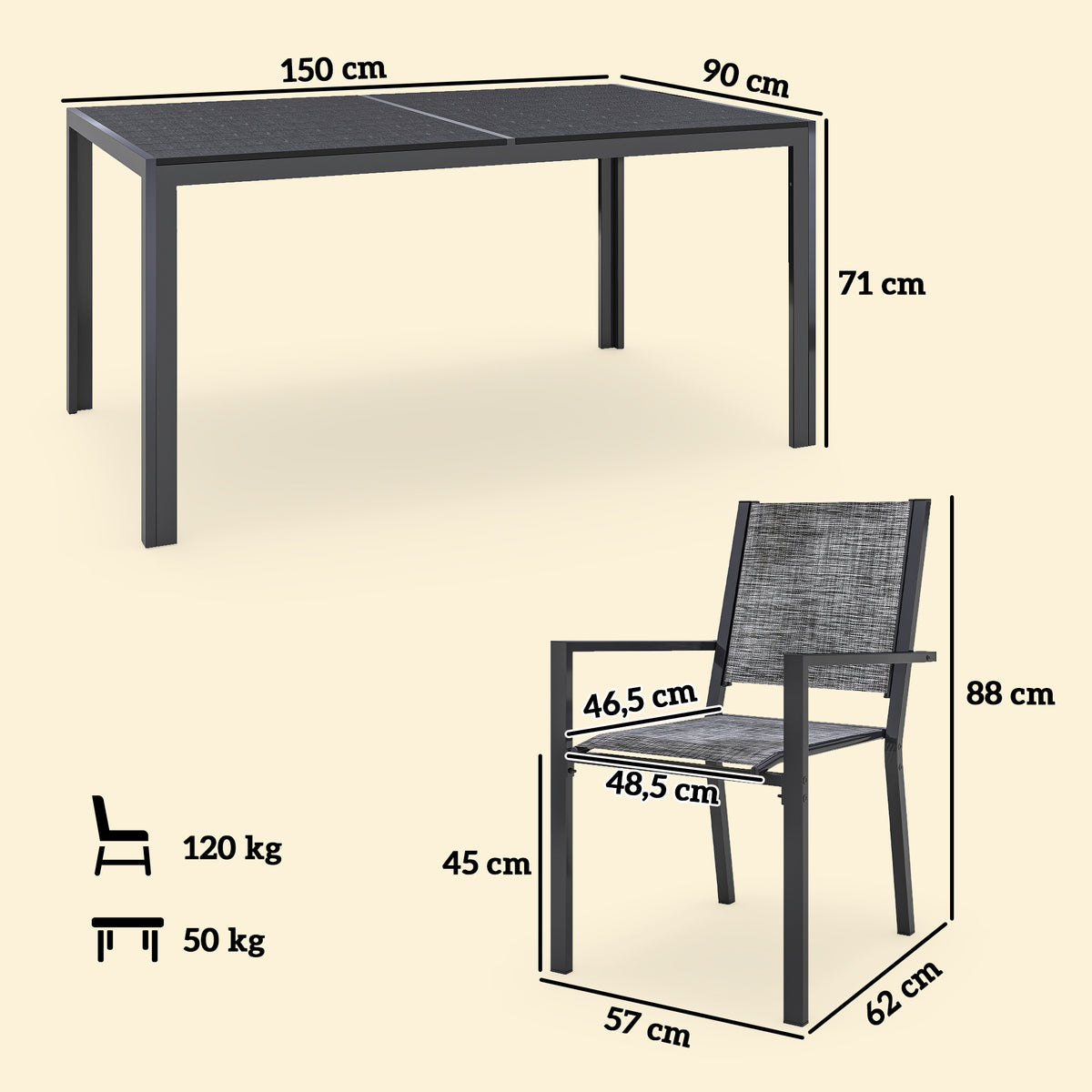 Table de jardin extérieure avec 6 chaises empilables, plateau à lattes 150 cm, structure en acier anti-rouille, noir-2