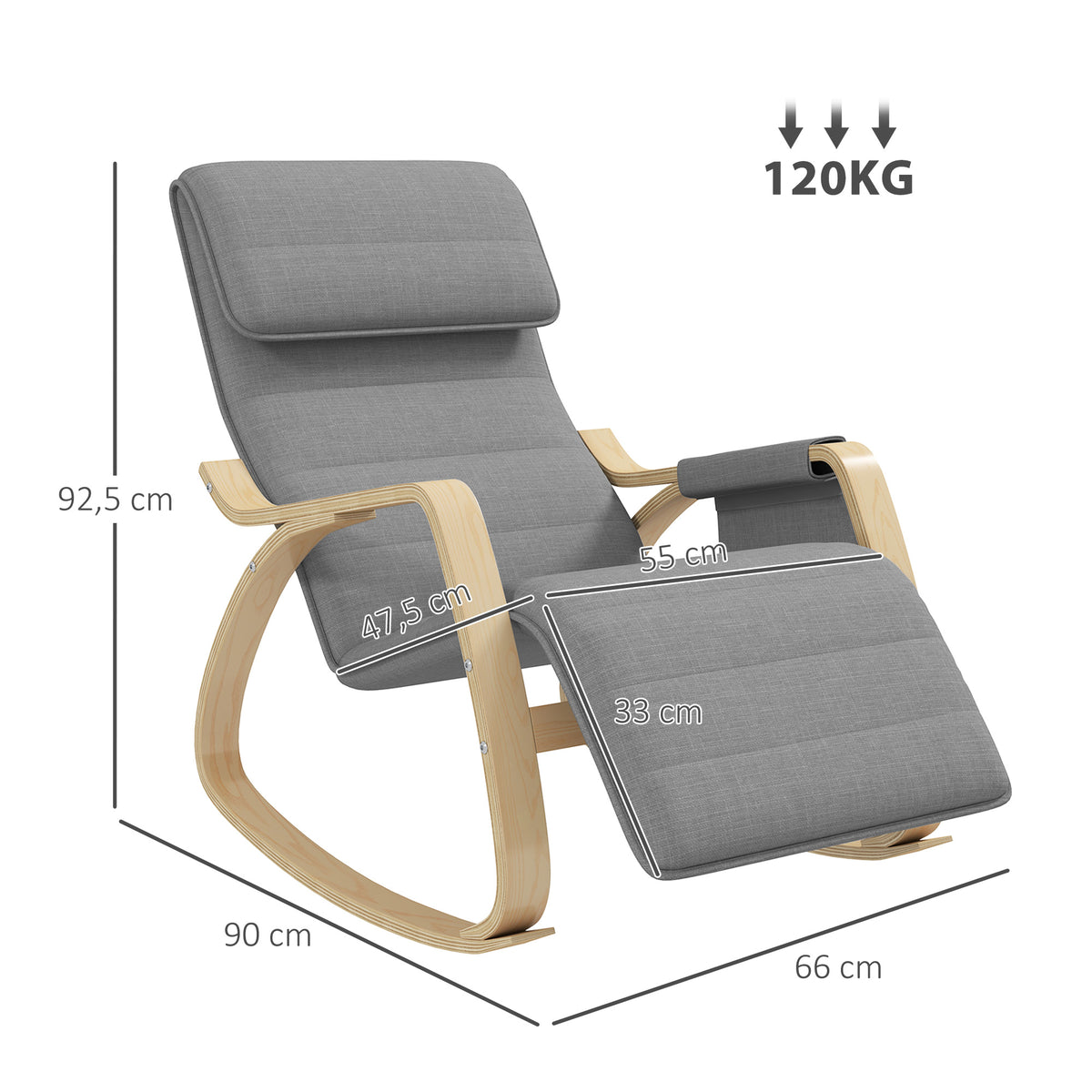 Fauteuil relax à bascule fauteuil allaitement avec repose-pieds réglable, poche latérale et appui-tête, gris-2