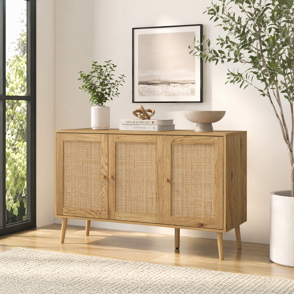Buffet salon meuble de rangement avec placards à portes en rotin et étagère réglable, bois naturel-7