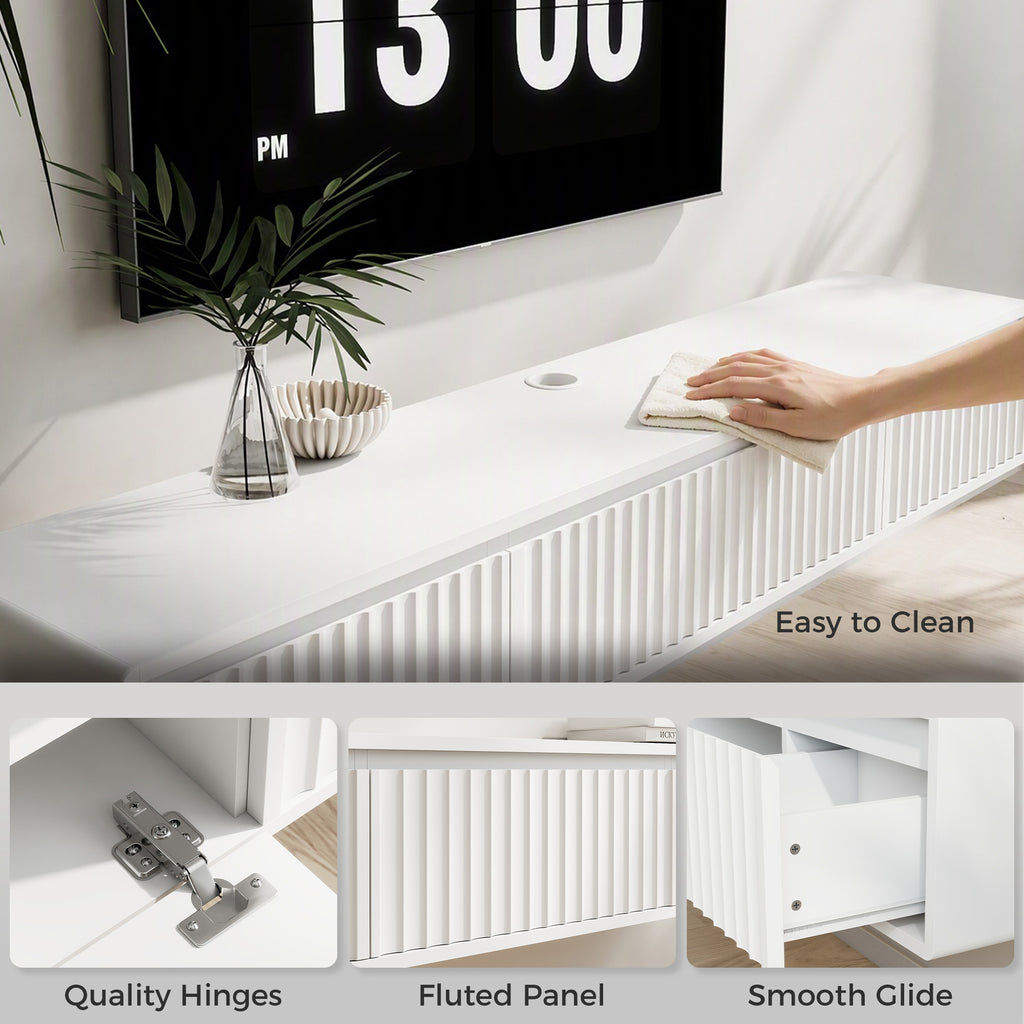 Meuble TV Suspendu Flottant 160 cm avec Éclairage LED et Prises, Meuble Télé pour Téléviseur 72 Pouces, Blanc-7