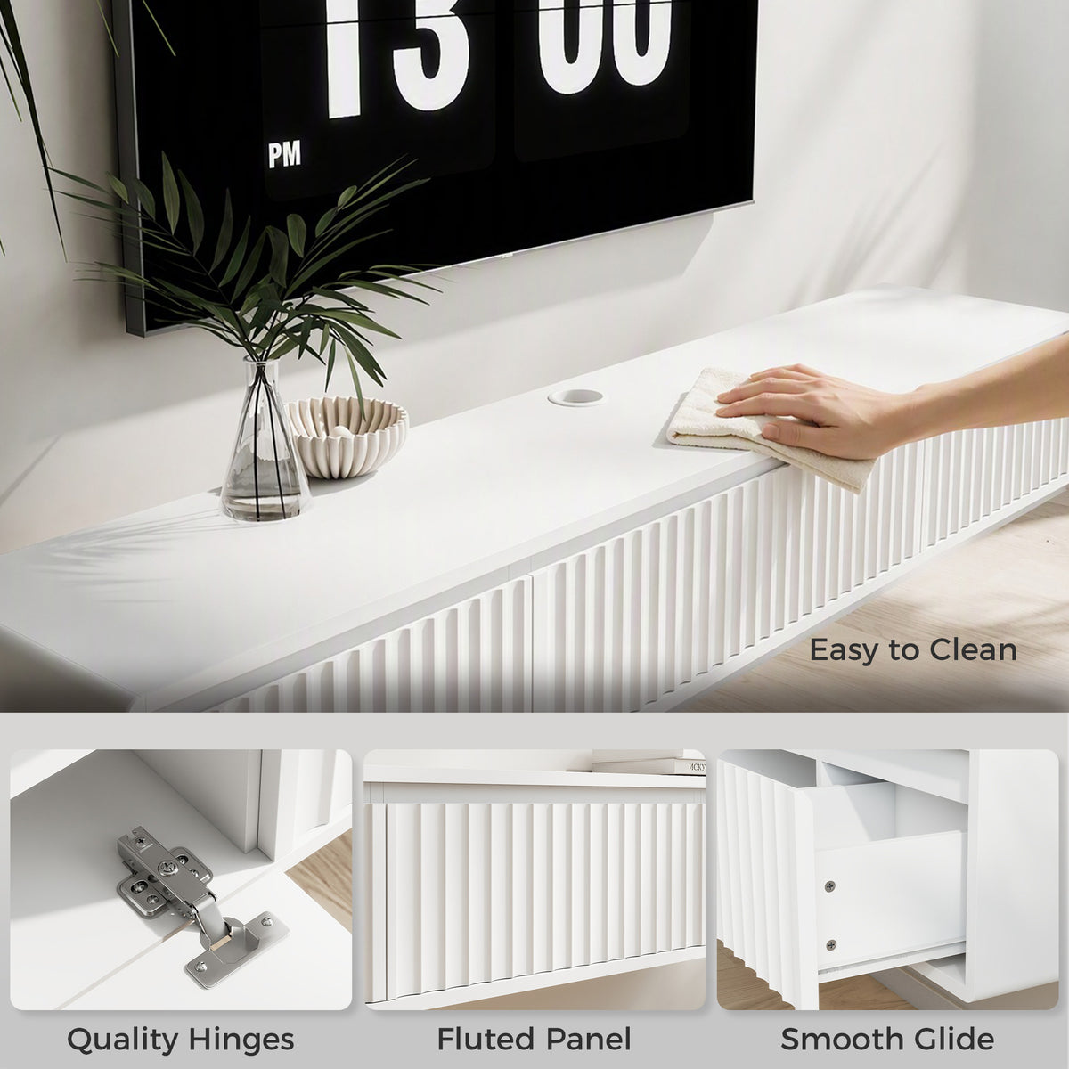 Meuble TV Suspendu Flottant 160 cm avec Éclairage LED et Prises, Meuble Télé pour Téléviseur 72 Pouces, Blanc-7