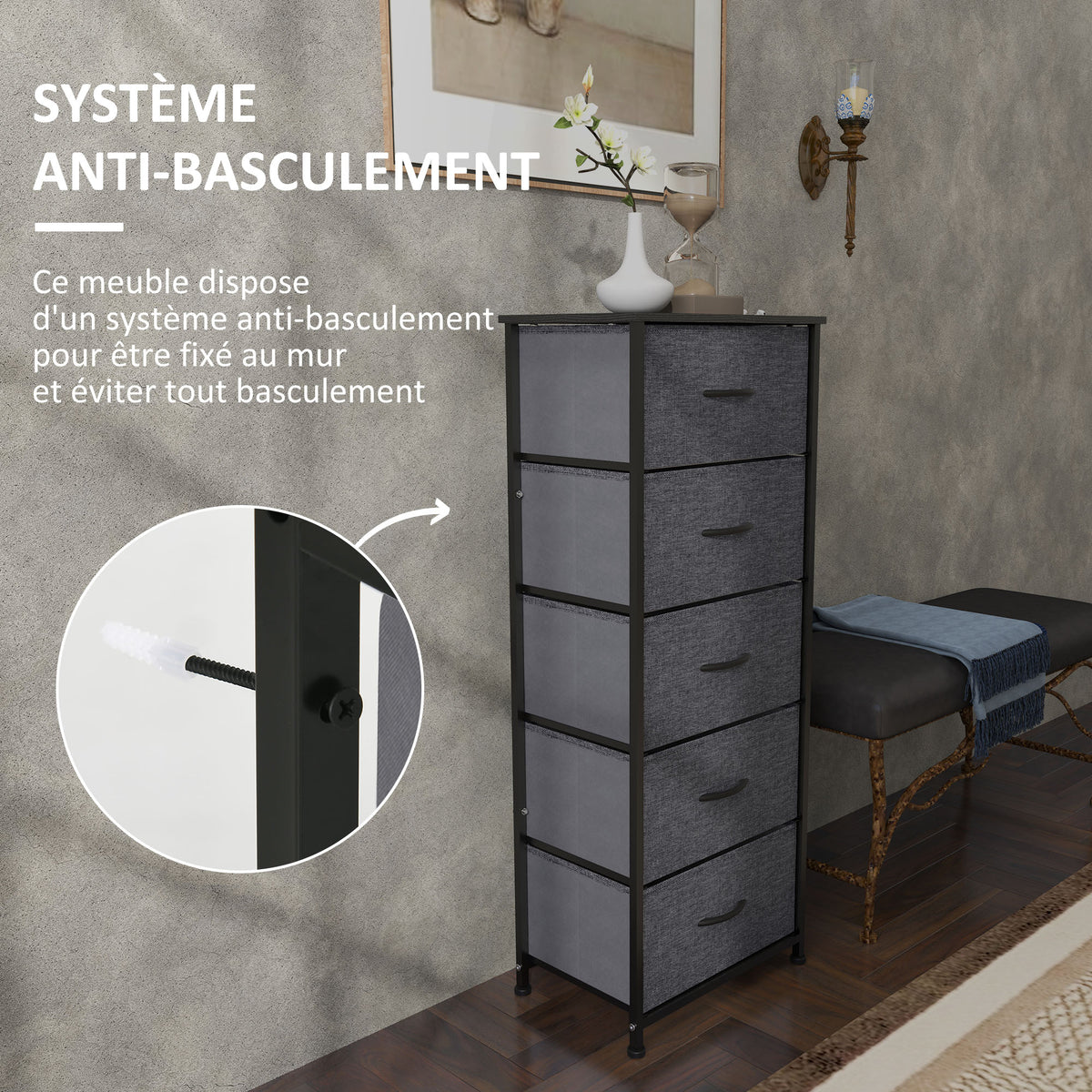 Commode 5 tiroirs meuble de rangement tiroir en tissu pliant - structure acier noir - 45 x 30 x 116 cm gris foncé-4