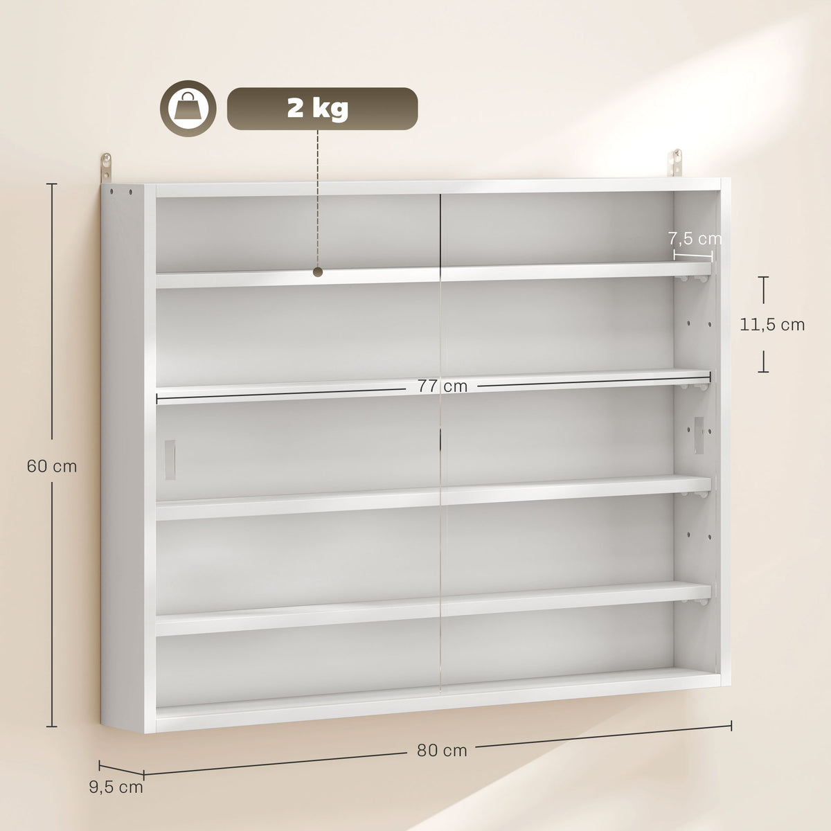 Vitrine murale pour objets de collection 4 étagère réglables en hauteur et 2 portes coulissantes 80 x 9,5 x 60 cm blanc-2