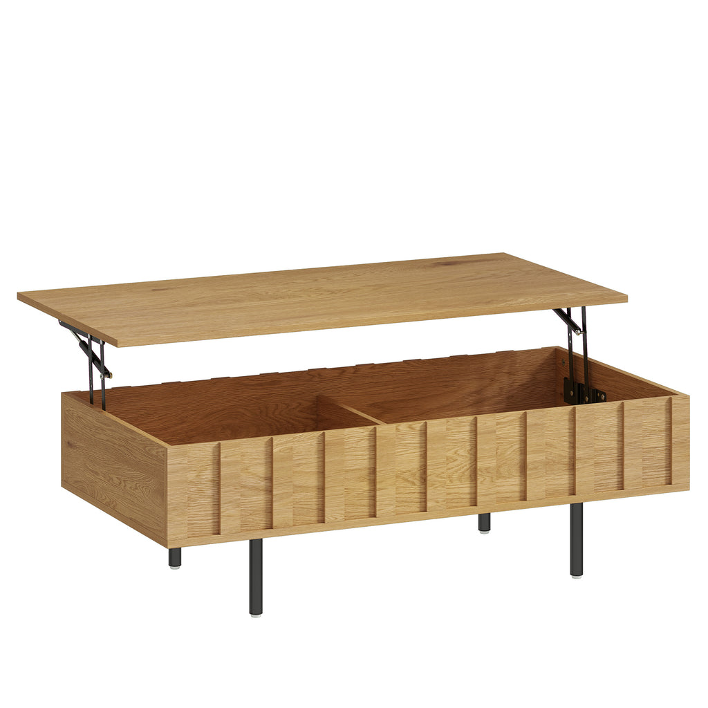 Table Basse Relevable avec 2 Compartiments Cachés et Latéraux Cannelés, Style Mid-Century Modern, 110x55x36,5cm, Chêne-0