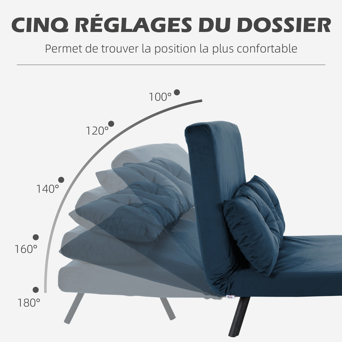 Canapé convertible 2 places avec dossier réglable à 5 niveaux et 2 coussins rembourrés, revêtement effet velours, bleu-4