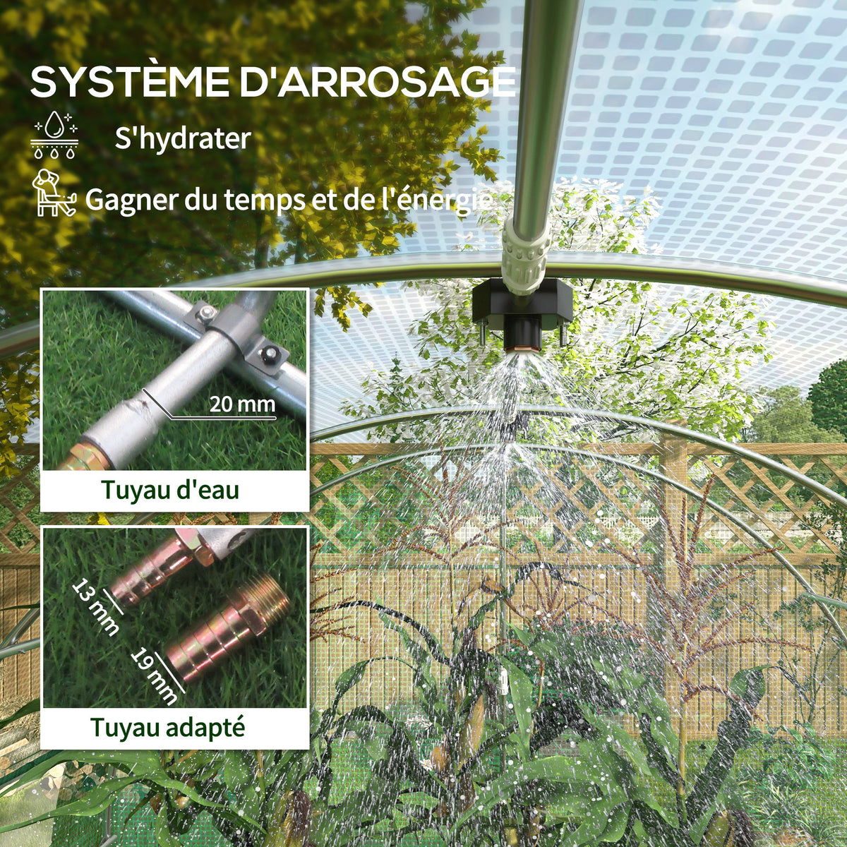 Serre de Jardin Tunnel 6 m² avec système d'arrosage intégré, 3L x 2l m 6 fenêtres Porte enroulable Vert-3
