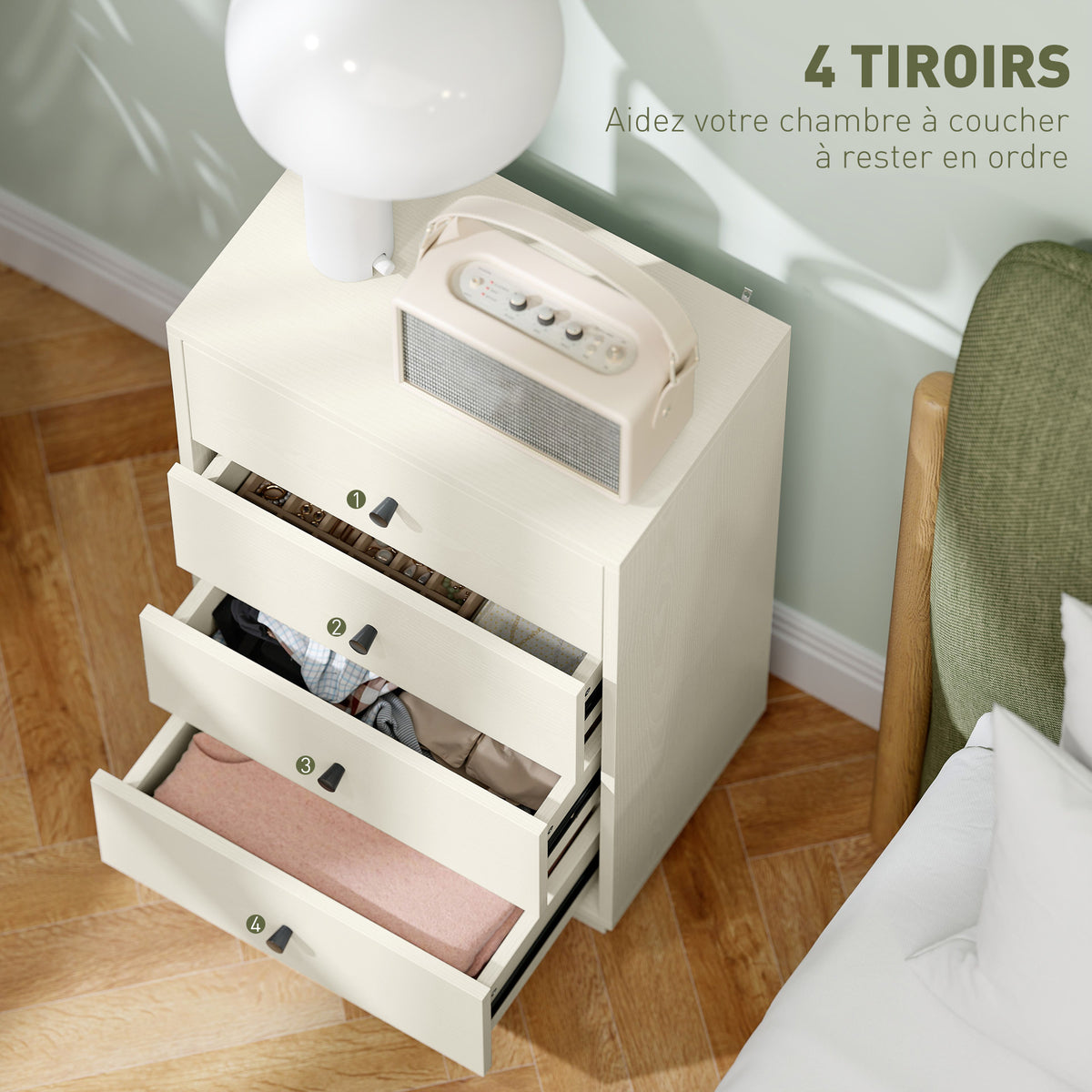 Commode 4 tiroirs moderne, meuble de rangement pour chambre à coucher, salon, entrée, 47 x 29 x 75 cm, crème-3