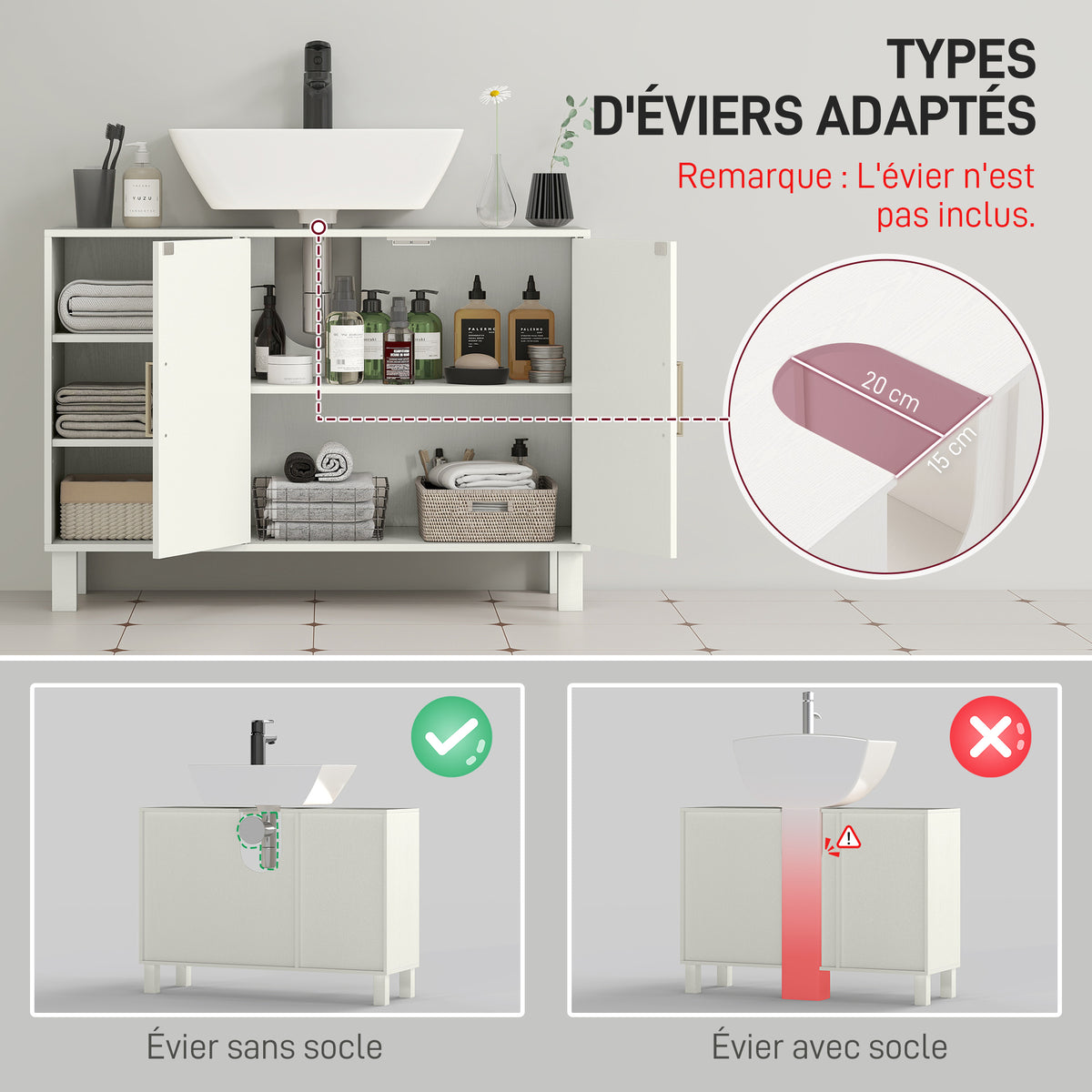 Meuble sous lavabo meuble de salle de bain avec placard à deux niveaux étagères réglables 90l x 30P x 63H cm crème-3
