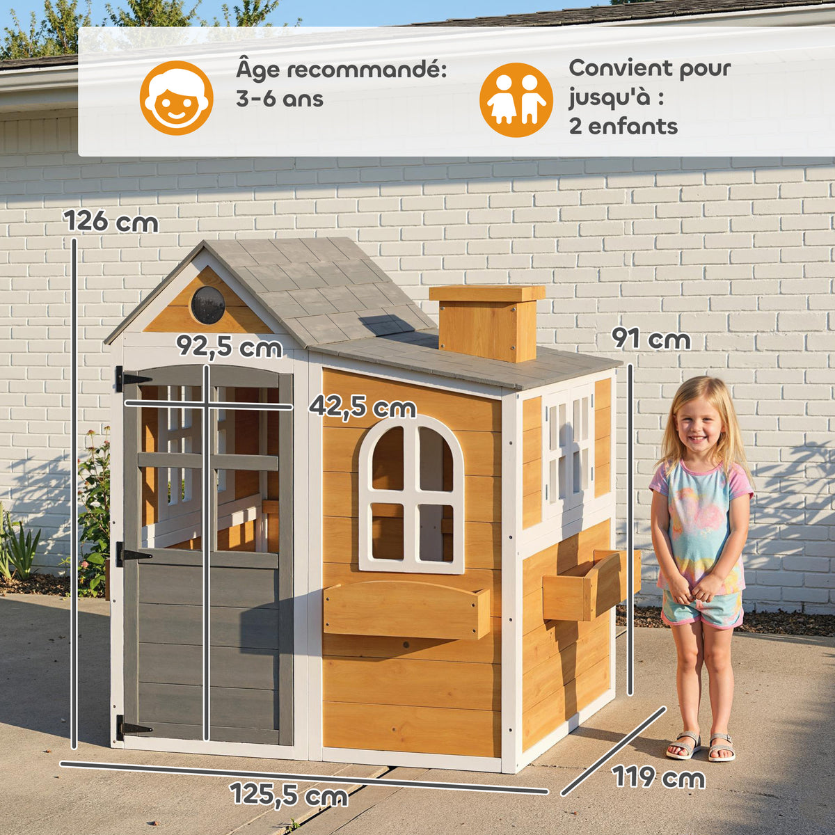 Cabane enfant extérieur en bois, maison enfant extérieure/intérieure avec porte, fenêtres, 3 bacs à fleurs, jaune-2