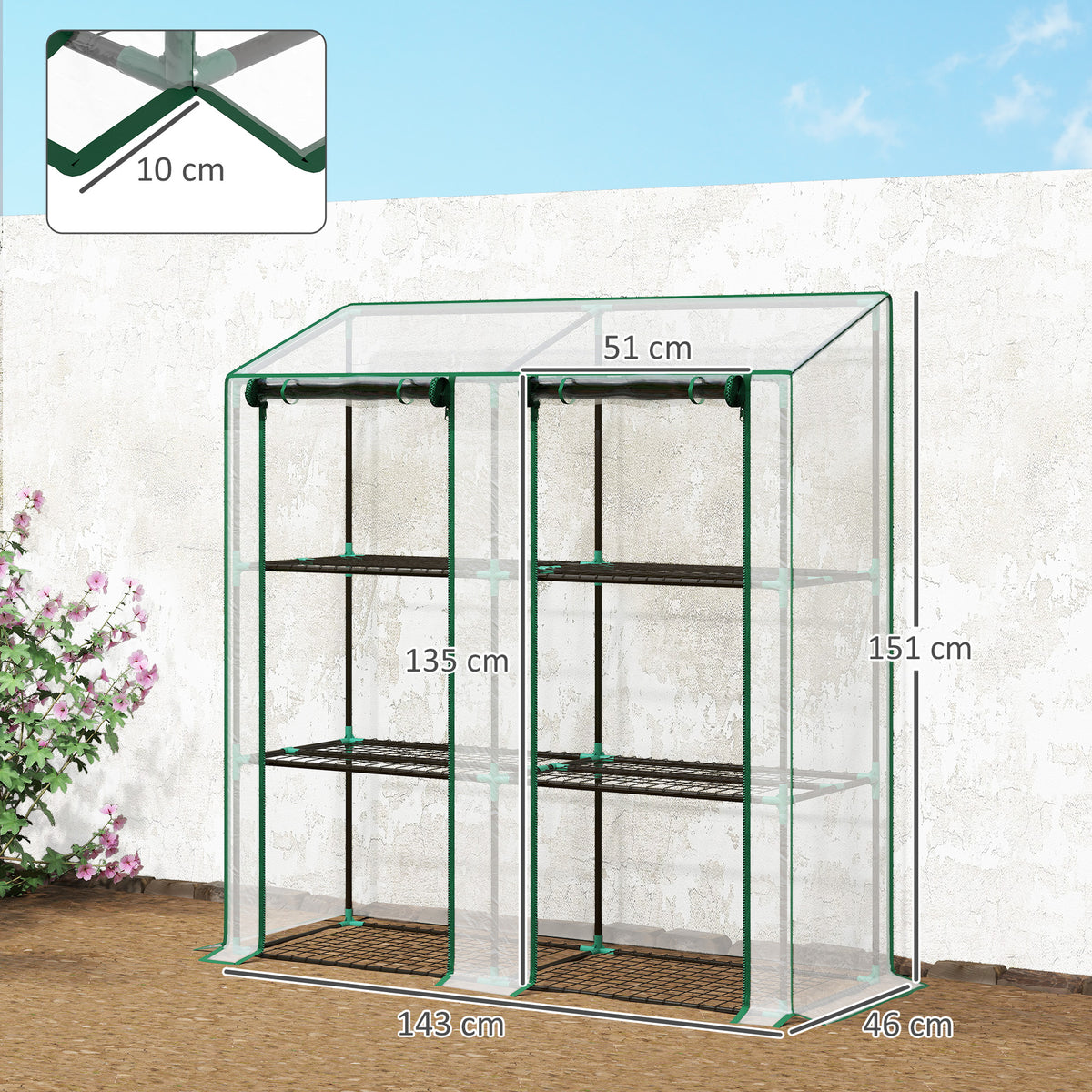 Mini serre de jardin 3 niveaux avec bâche en plastique, 2 portes enroulables, 6 étagères, dim. 143L x 46l x 141/151H cm-2