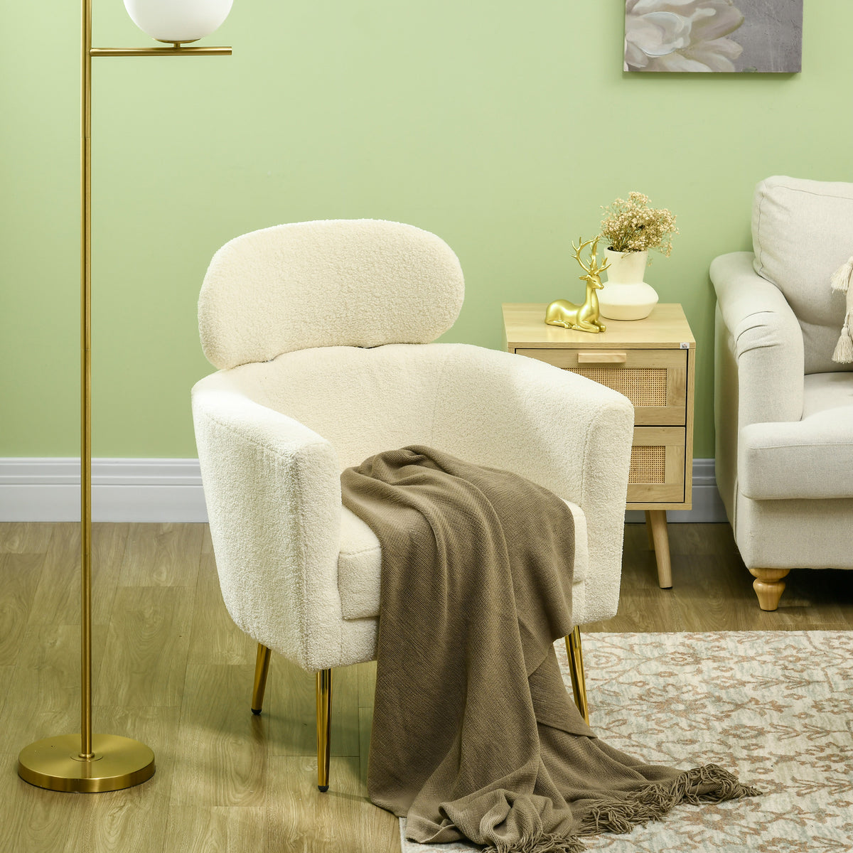 Fauteuil salon avec appuie-tête amovible, fauteuil crapaud en peluche teddy, pieds en métal, 71 x 65 x 90 cm, crème-6