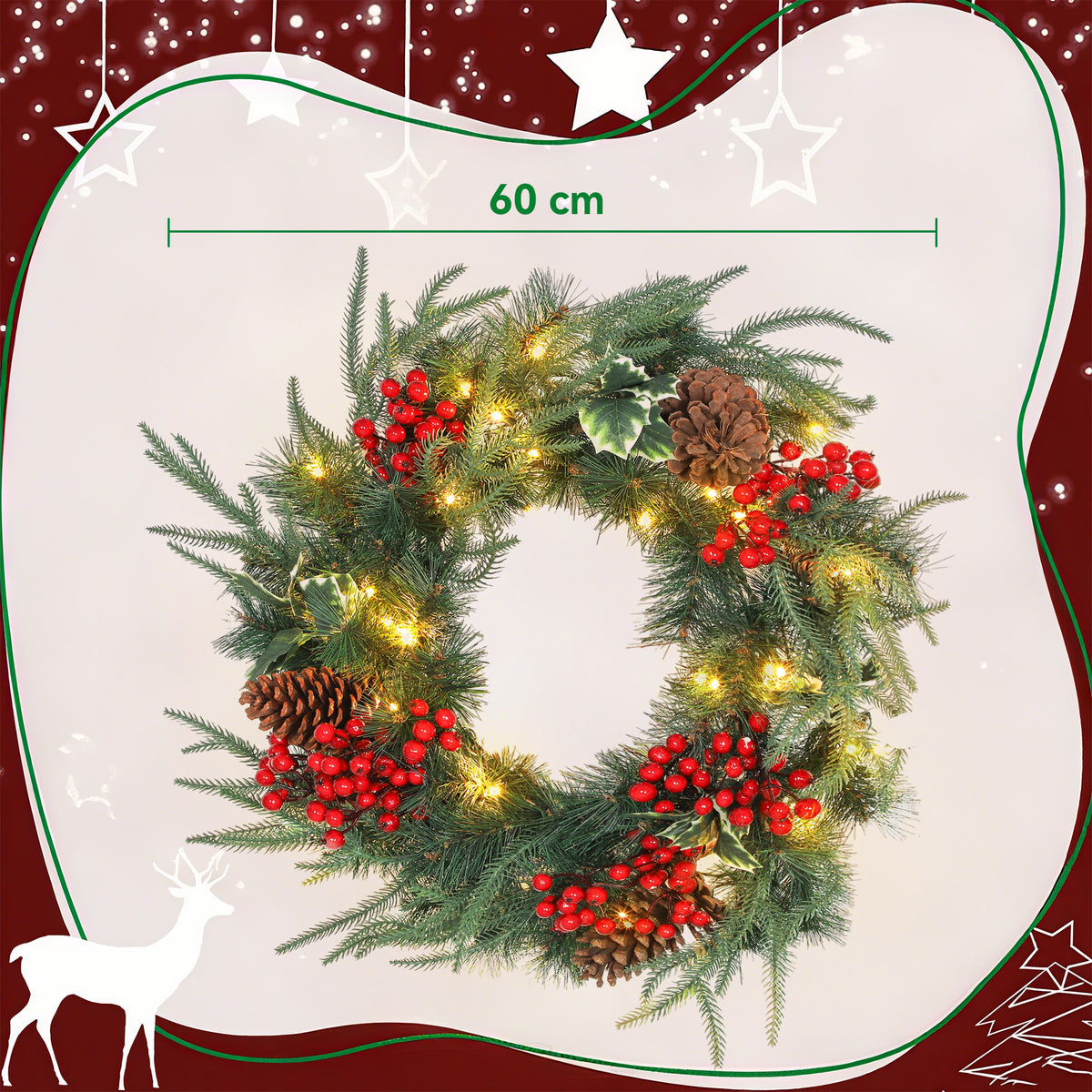 Couronne de Noël lumineuse 60 cm avec 35 LED, minuterie, 170 pointes, pommes de pin, baies, feuilles de houx, vert-2
