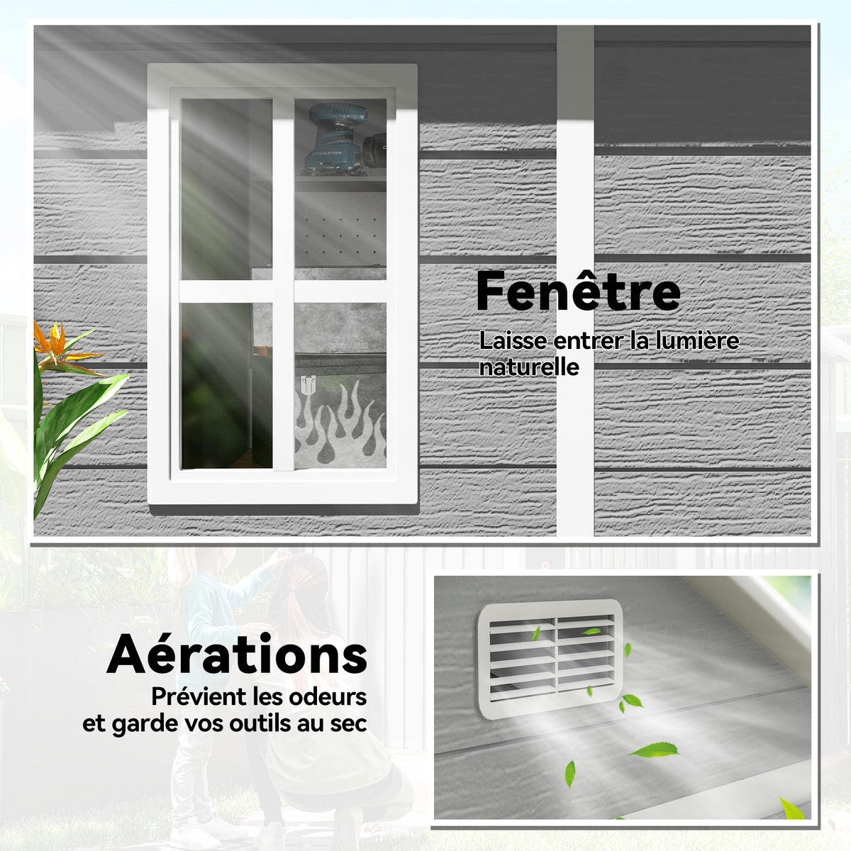 Abri de jardin en résine 2,7 m² avec plancher portes à loquet 3 fenêtre structure en aluminium 240 x 190 x 228 cm gris-5