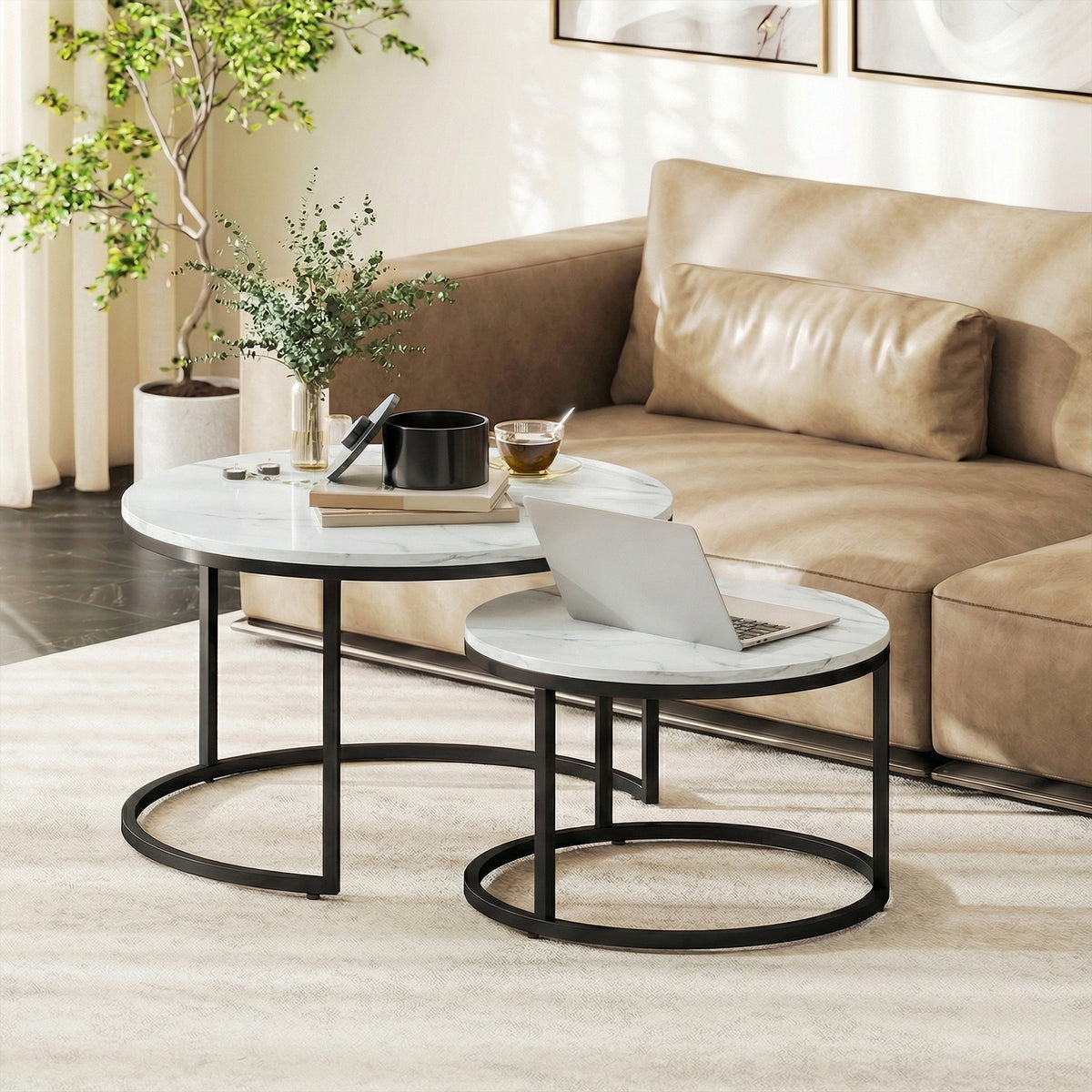 Lot de 2 tables basses gigognes empilable design industriel pieds en métal blanc-9