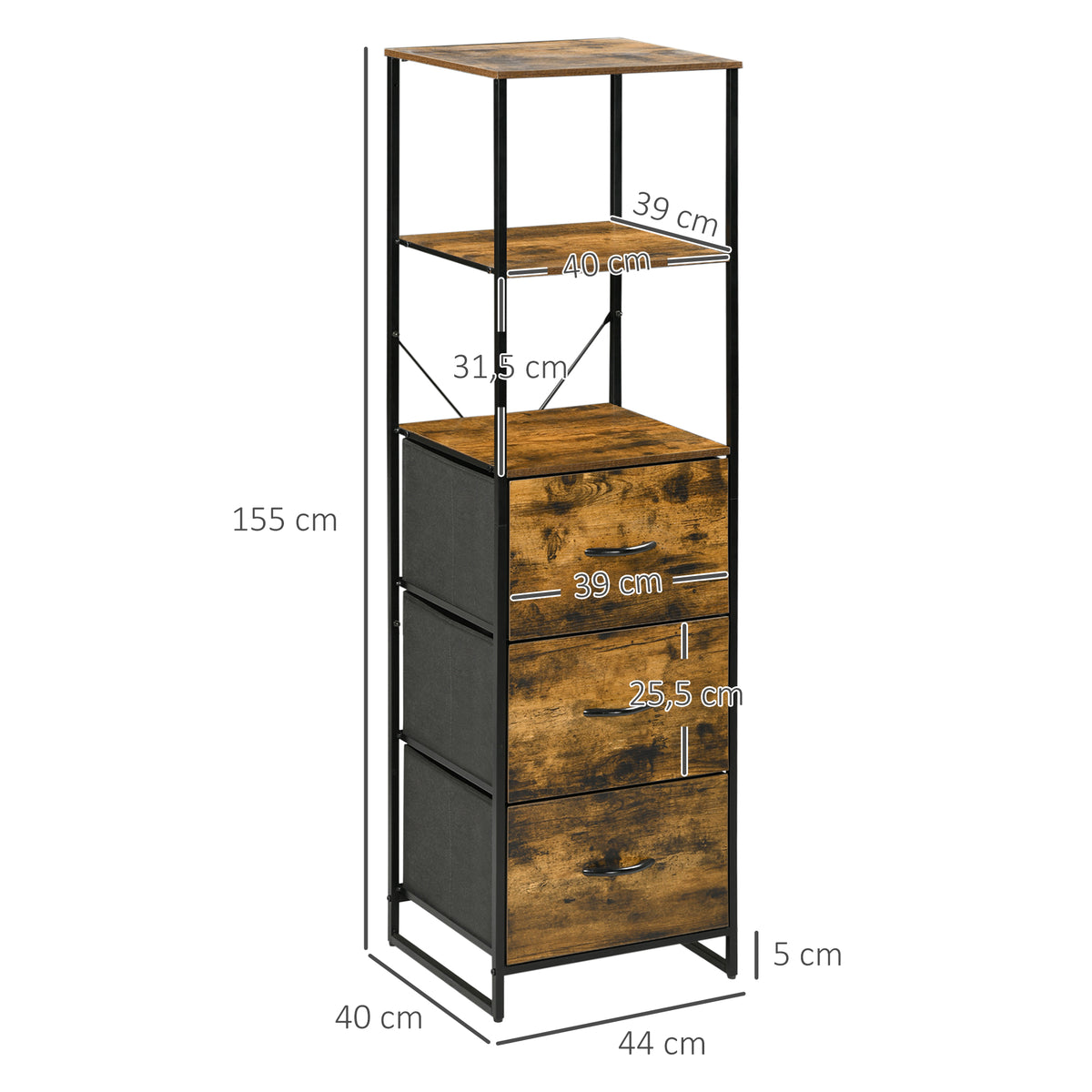 Meuble de rangement avec étagères et 3 tiroirs en tissu pliables amovibles, style industriel, dim. 44L x 40l x 155H cm-2
