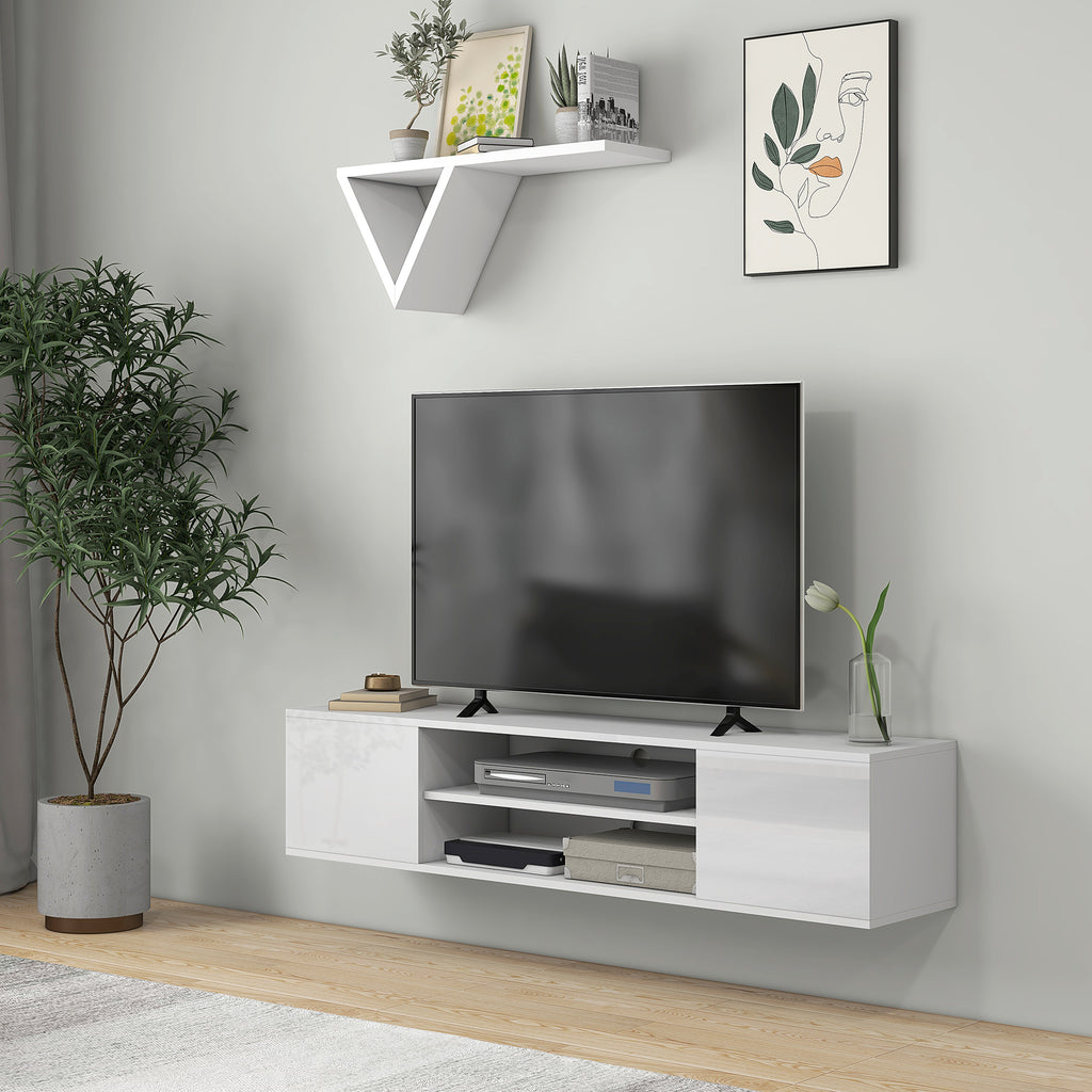 Meuble banc TV mural suspendu style contemporain 2 placards 2 niches centrales et 2 passe-câbles 140 x 30 x 30 cm blanc-9