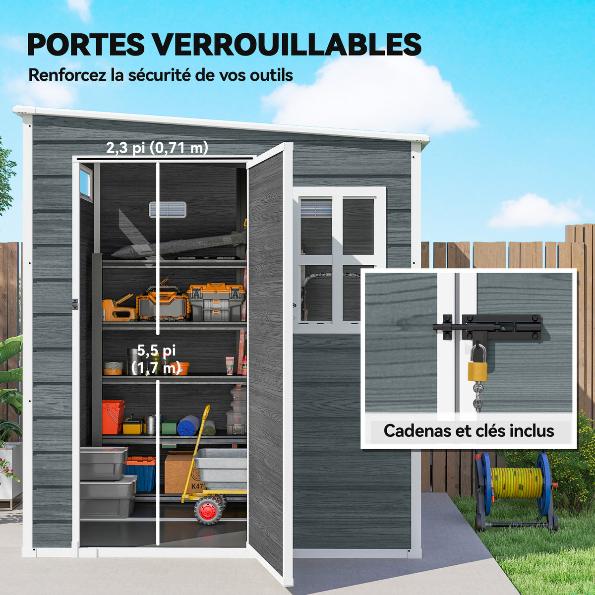 Abri de Jardin Cabanon de Stockage Plancher Structure Aluminium 3 Fenêtres 2 Aérations 182x182x183cm Gris Effet Bois-5