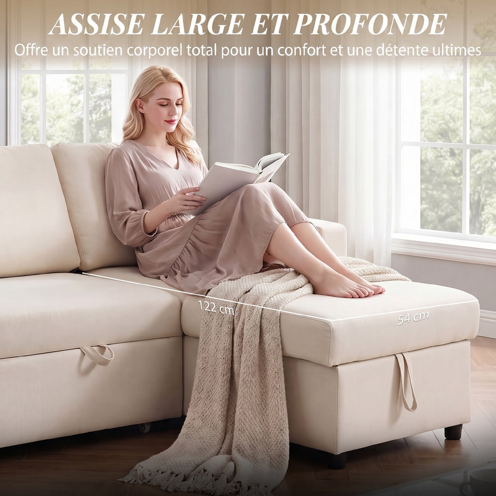 Canapé d'angle convertible modulable avec méridienne réversible, coffre de rangement et 3 coussins de dossier, crème-6