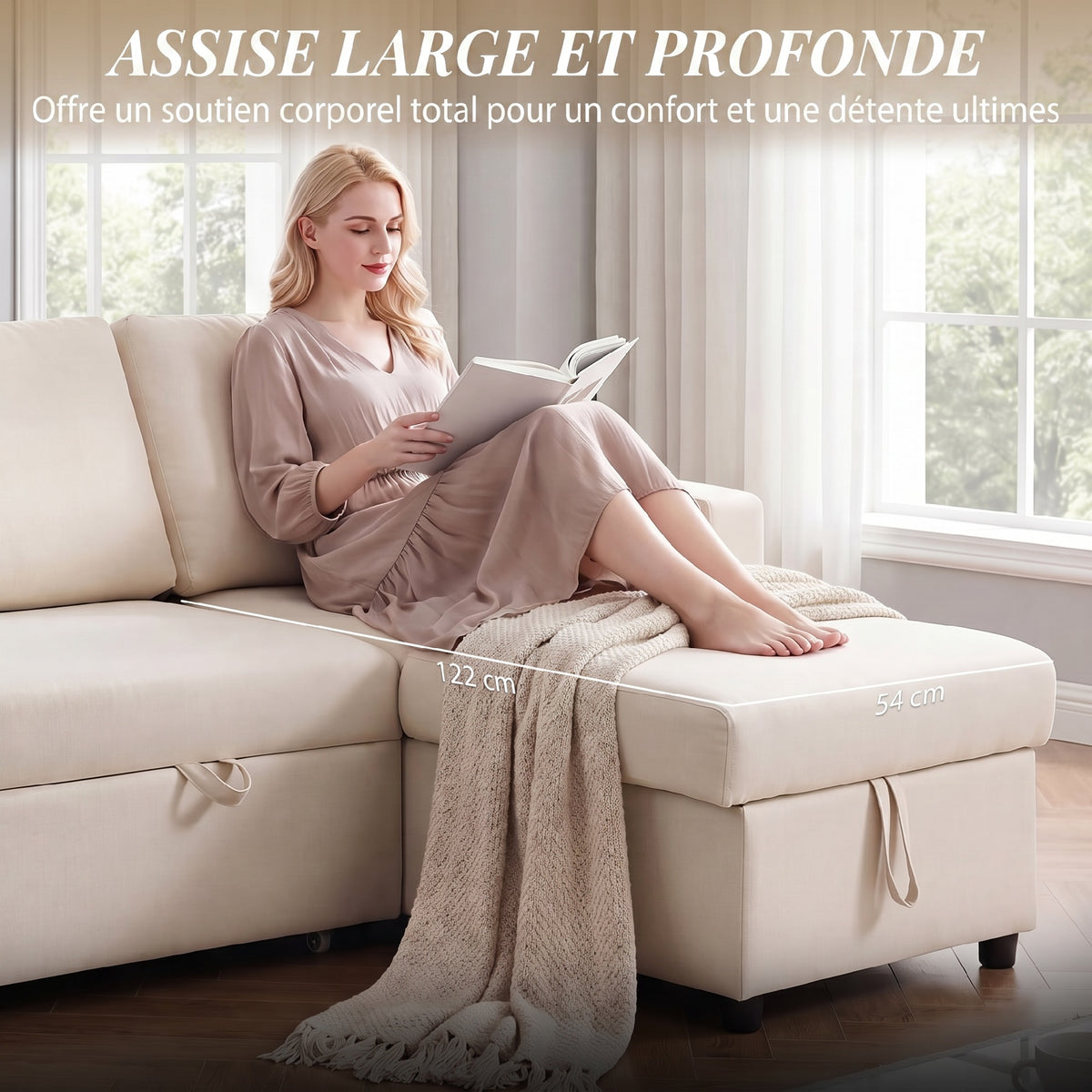 Canapé d'angle convertible modulable avec méridienne réversible, coffre de rangement et 3 coussins de dossier, crème-6