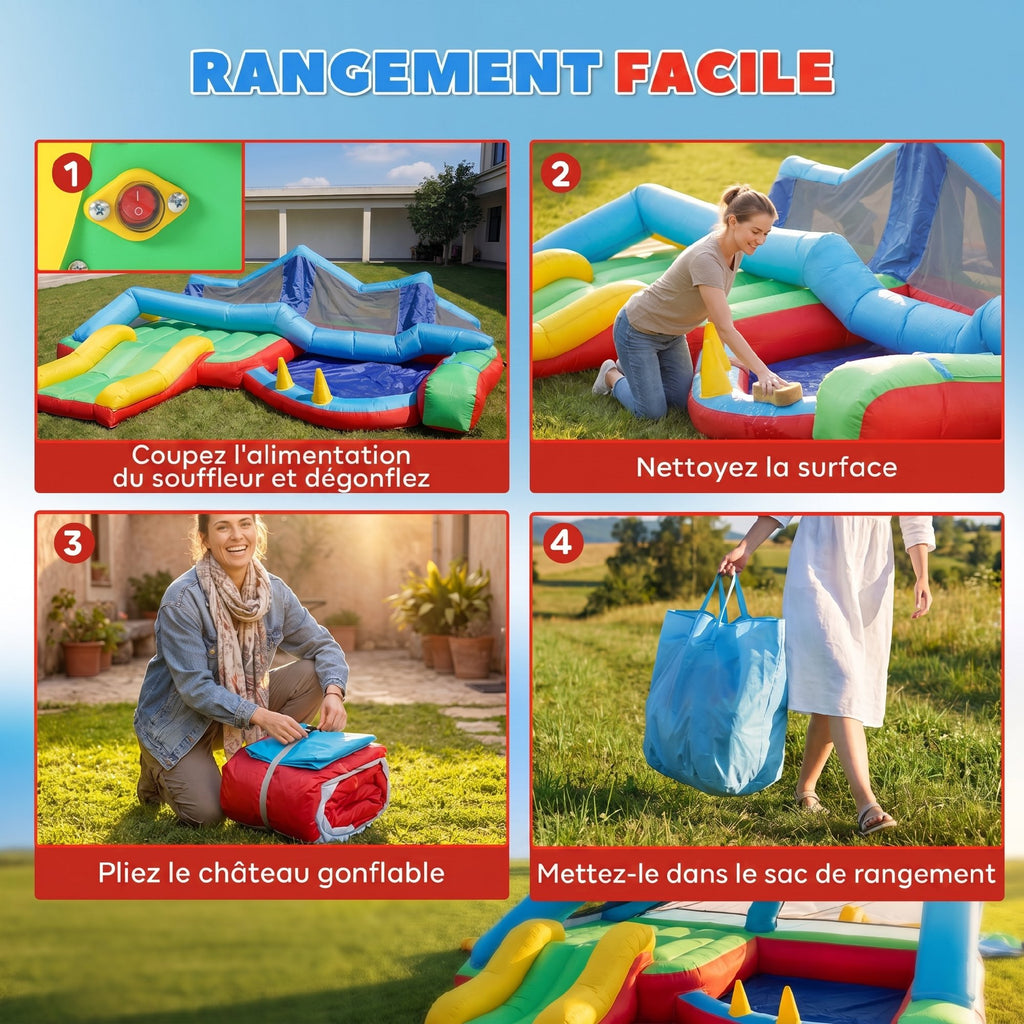 Château gonflable 4 en 1, aire de jeux avec souffleur, toboggan, piscine à balles, jeu de lancer d'anneaux, multicolore-6