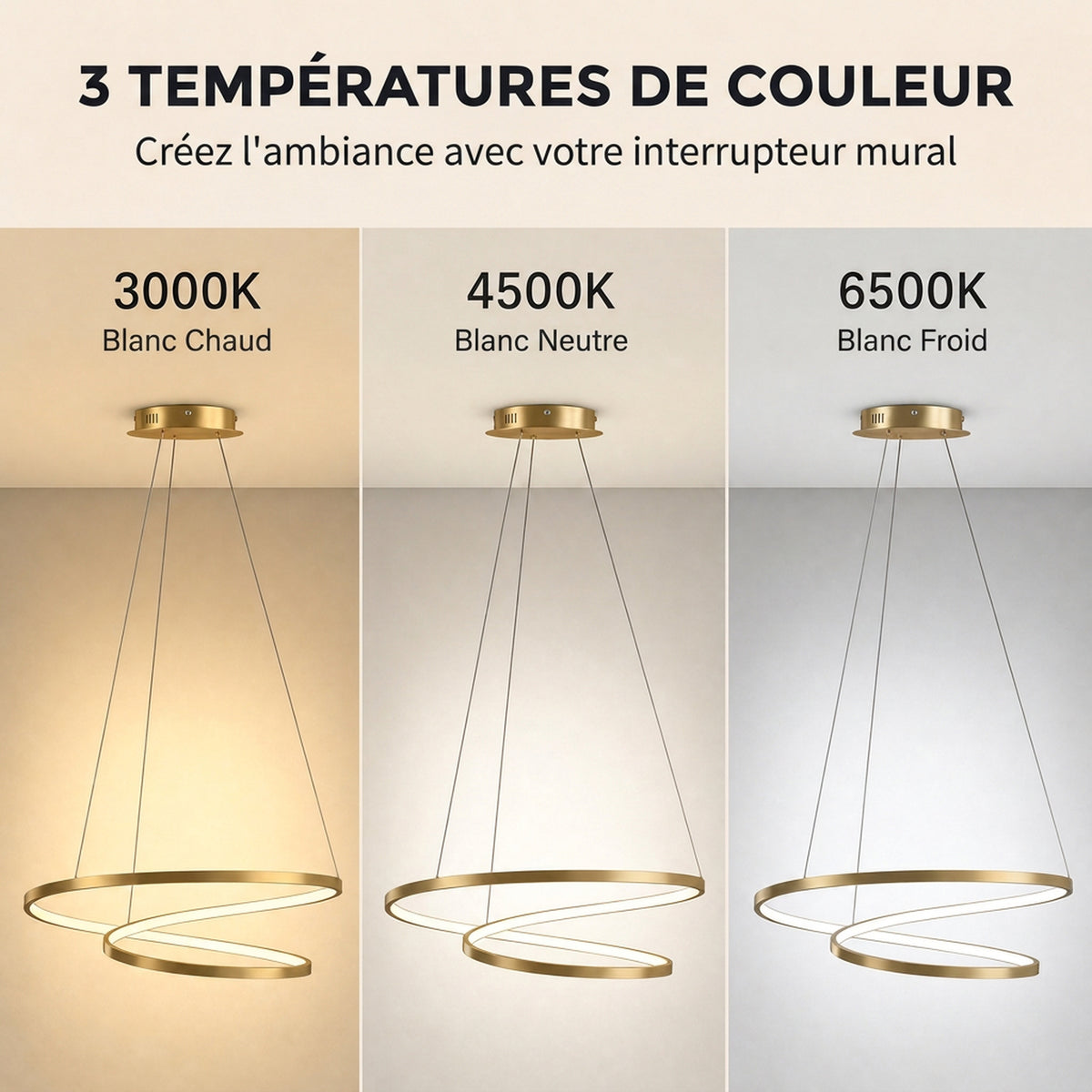 Suspension Luminaire avec 2 Anneaux, Lustre Suspendu LED à 3 Températures de Couleur, Hauteur Réglable, Doré-3