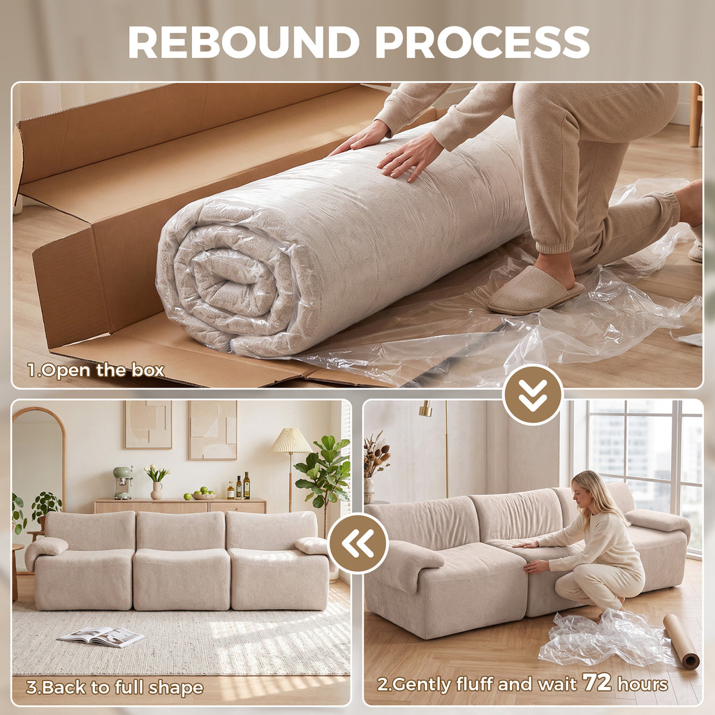 Canapé 3 Places Modulable 277 cm, Canapé Salon Compressé en Chenille Moderne, Assise Profonde, Accoudoirs Larges, Beige-7