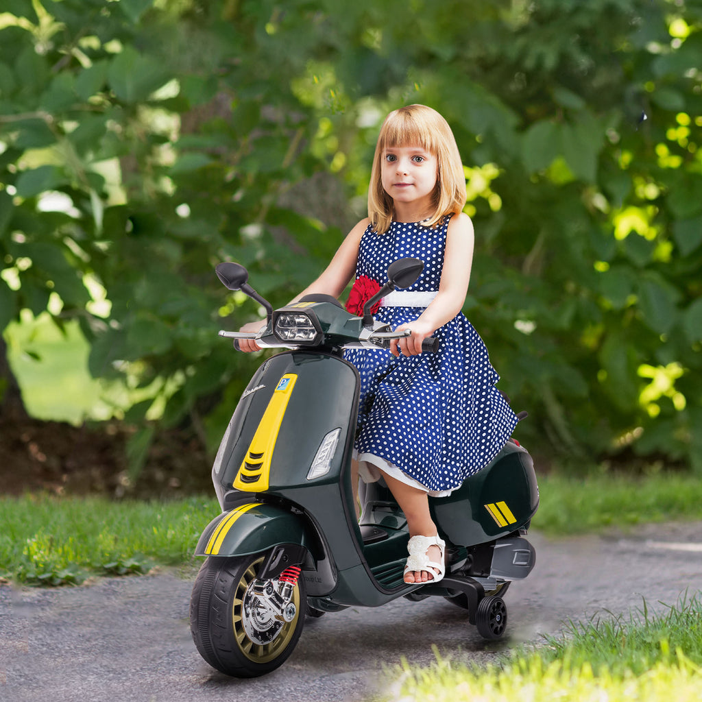 Scooter électrique enfant Vespa 6 V dim. 107L x 47l x 73H cm Musique MP3 Port USB Phare 2 roues d'entraînement - Vert-1