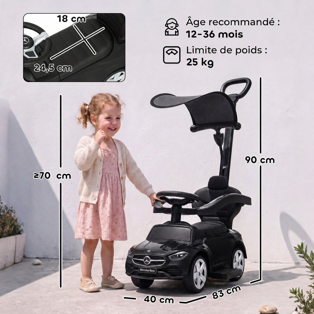 Porteur Enfants 3 en 1 Mercedes-Benz sous Licence, Garde-Corps, Espace de Rangement, Klaxon, 83x40x90cm, Noir-2