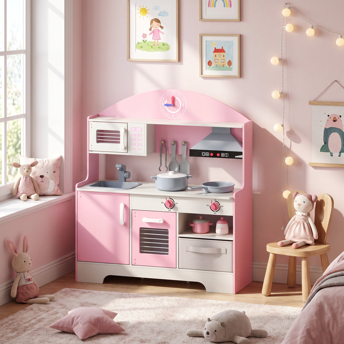 Cuisine Enfant avec Lumières et Sons, Cuisine de Jeu avec Tiroir en Tissu et 5 Accessoires, pour Enfants 3-6 Ans, Rose-1