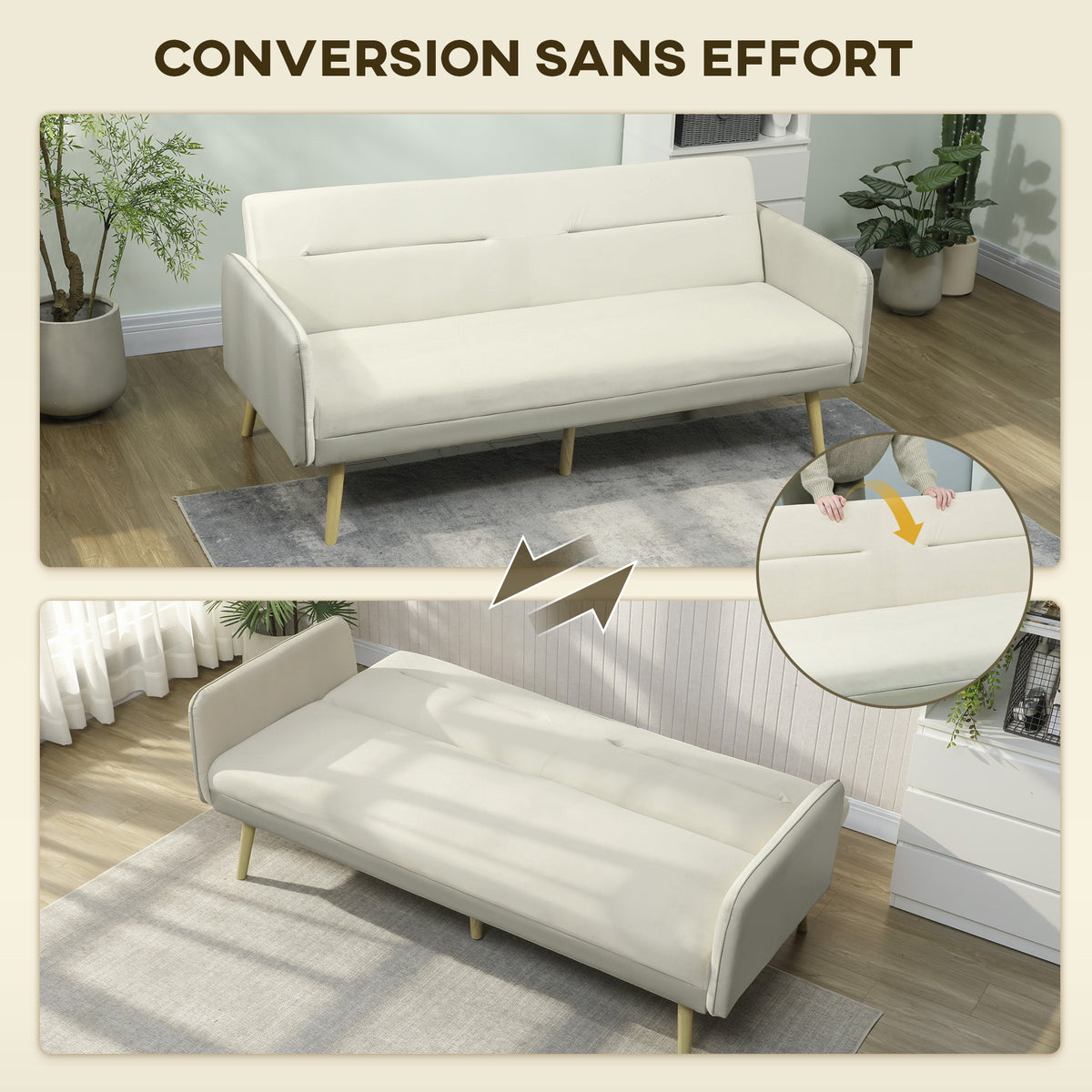 Canapé convertible 3 places 3 en 1, canapé-lit clic-clac, dossier réglable, assise rembourrée, 185 x 84 x 83 cm, beige-3