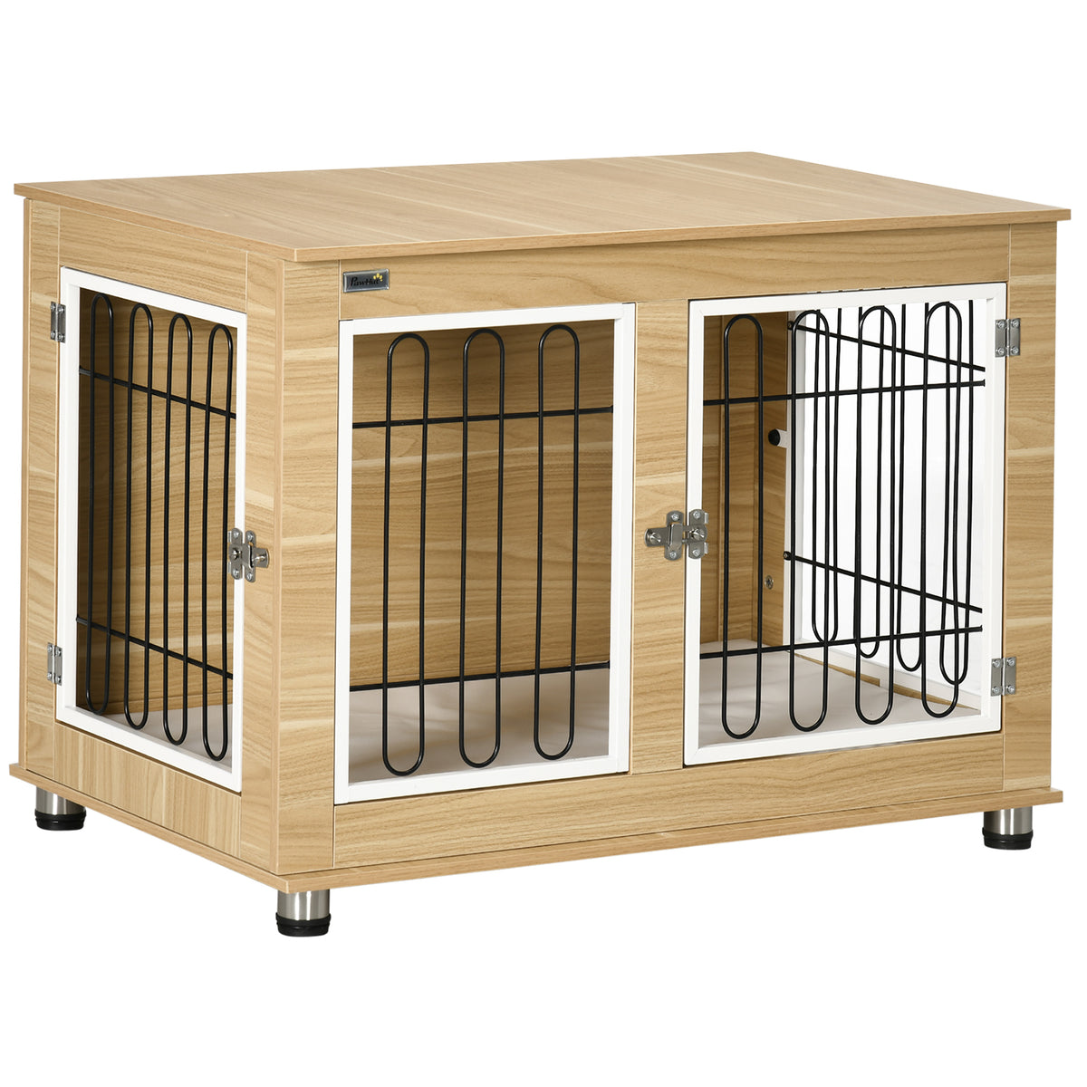 Cage pour chien animaux cage de chien sur pied avec coussin amovible acier aspect bois 90 x 58 x 65 cm-0