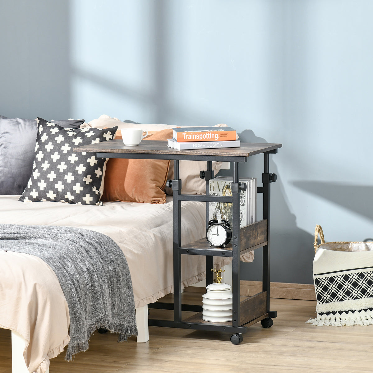 Table d'appoint Bout de canapé Table roulante Table de Lit pour Ordinateur Portable Hauteur réglable - 2 étagères intégrées - cadre métal, 80 x 40 x 72-82 cm, Marron-1