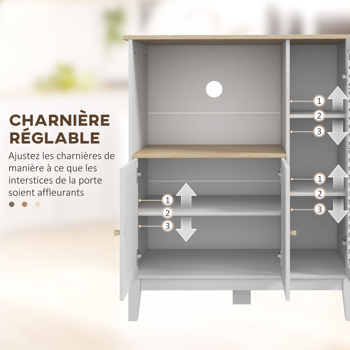 Meuble armoire micro-ondes pour cuisine avec 1 niche, 3 portes passe-câbles 80 x 35 x 97 cm blanc et aspect bois-4
