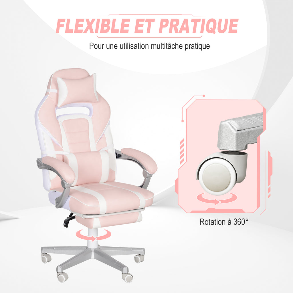 Chaise gaming, fauteuil gaming ergonomique avec repose-pieds, hauteur réglable, dossier inclinable, 63x63x123cm, rose-5