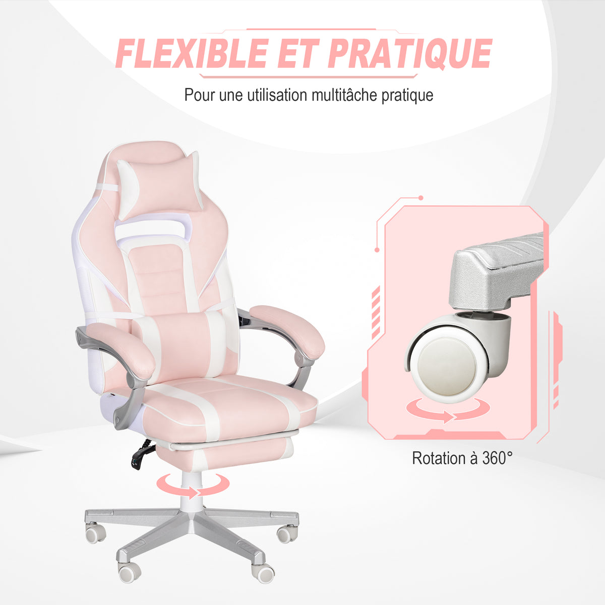 Chaise gaming, fauteuil gaming ergonomique avec repose-pieds, hauteur réglable, dossier inclinable, 63x63x123cm, rose-5