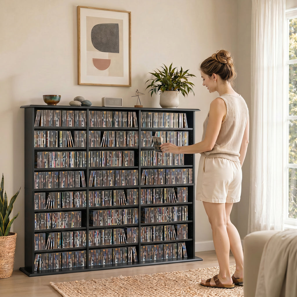 Meuble de rangement 1032 CDs / 594 DVDs, étagère multimédia, 24 compartiments et 18 étagères ajustables, noir-7